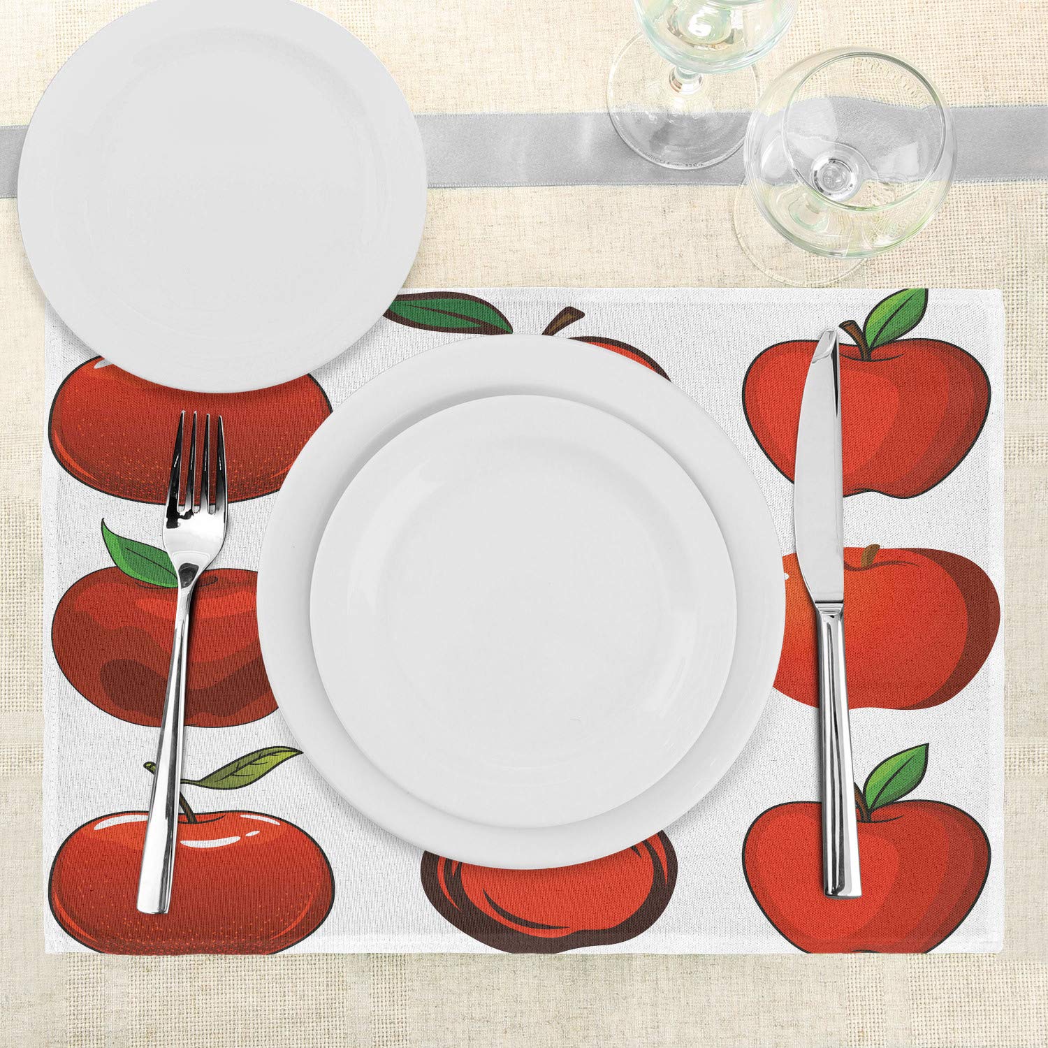 Lunarable Fruits Place Mats Set of 4 - Cartoon Apple Design Washable Fabric Dining Table Mats for Kitchen, Home Decor & Vegan Meals - Green & White Standard Size (Perfect for Family Dinners, Parties & Healthy Eating)