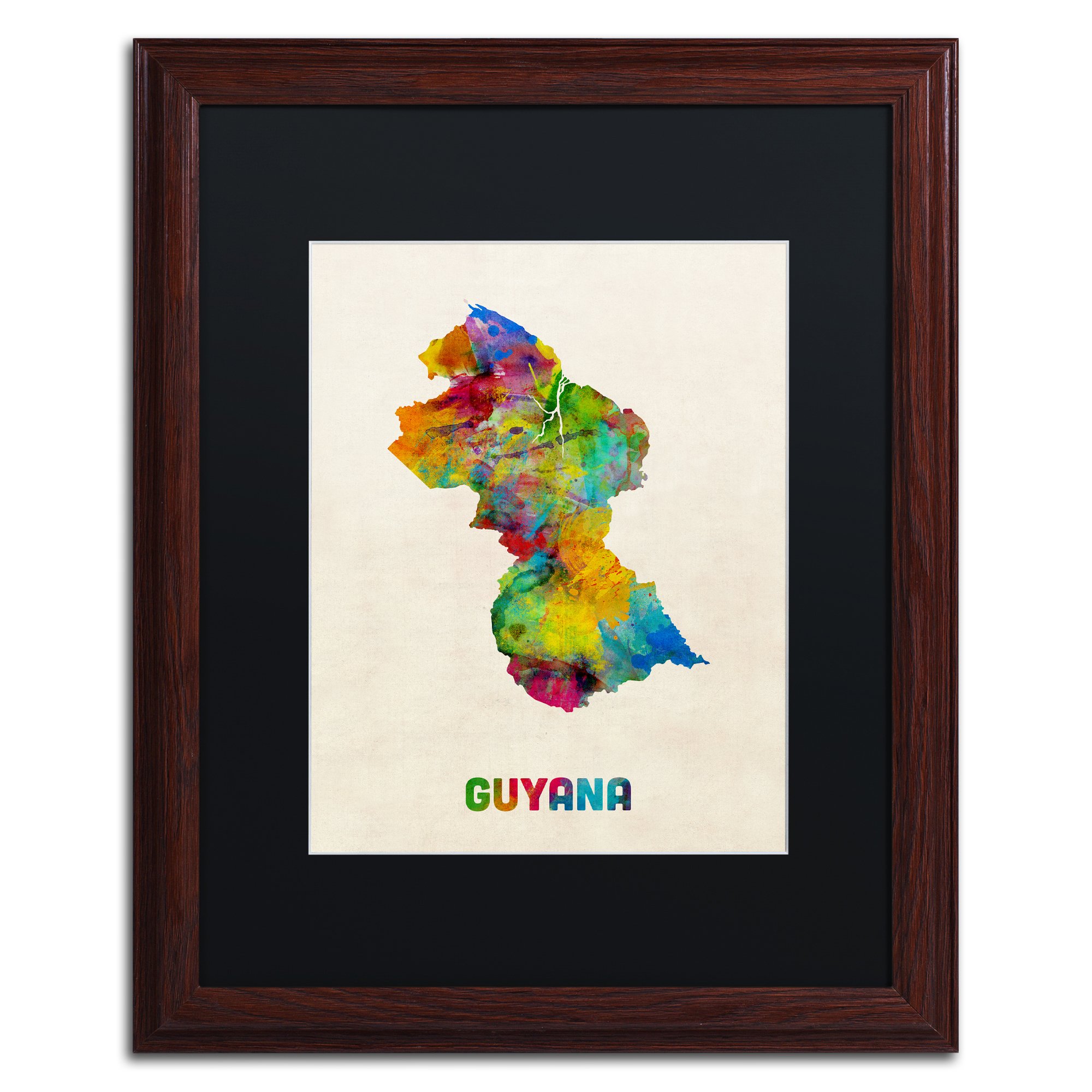 Michael Tompsett Guyana Watercolor Map Art Print - 16x20 Inch Framed Wall Decor, Black Matte Wood Frame - Perfect for Home, Office & Gift Giving