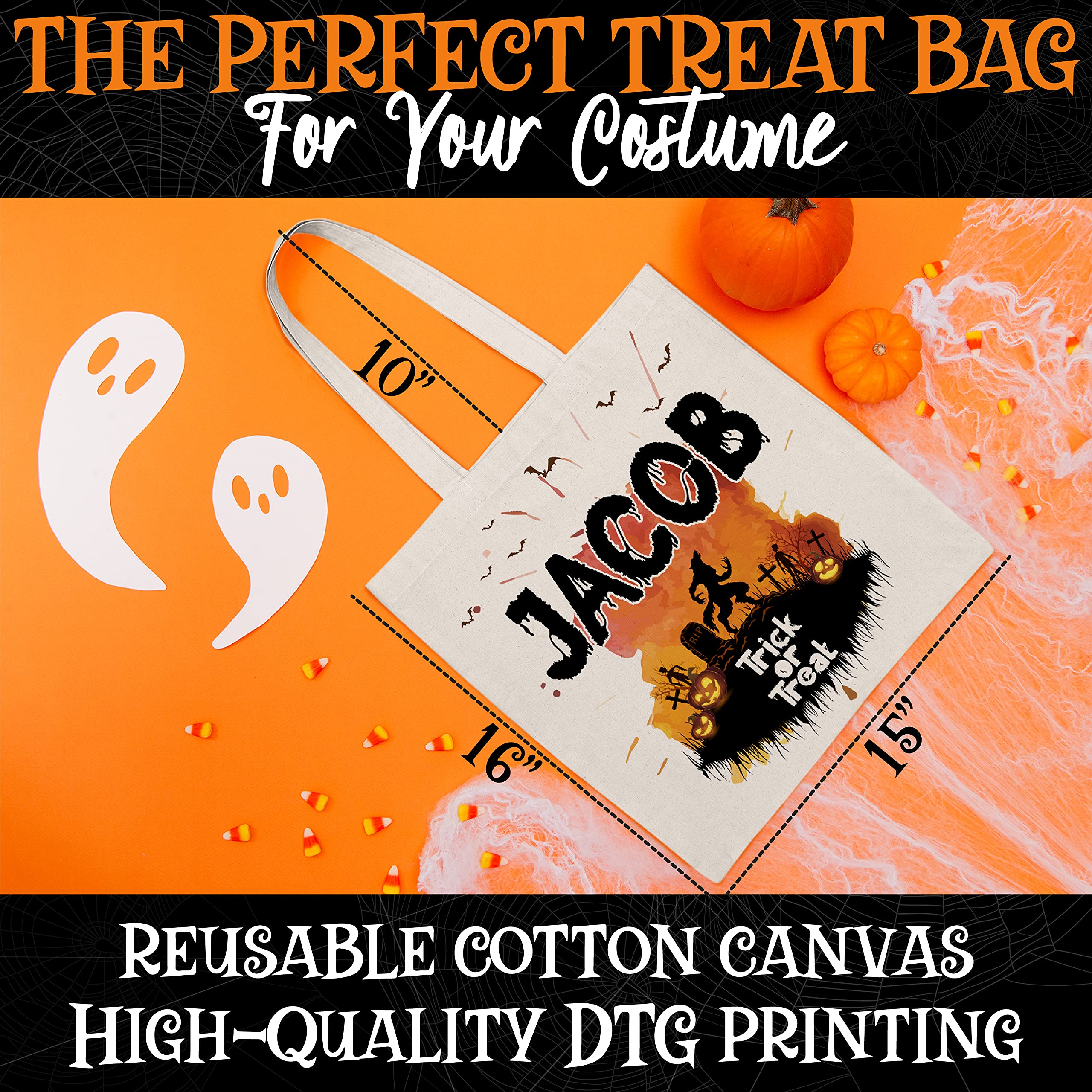 Personalized Halloween Trick or Treat Bags for Kids - Custom Name Candy Tote Bags with 12 Cute Designs - Halloween Party Favors & Gift Ideas for Trick-or-Treating, School Events and Costume Parties