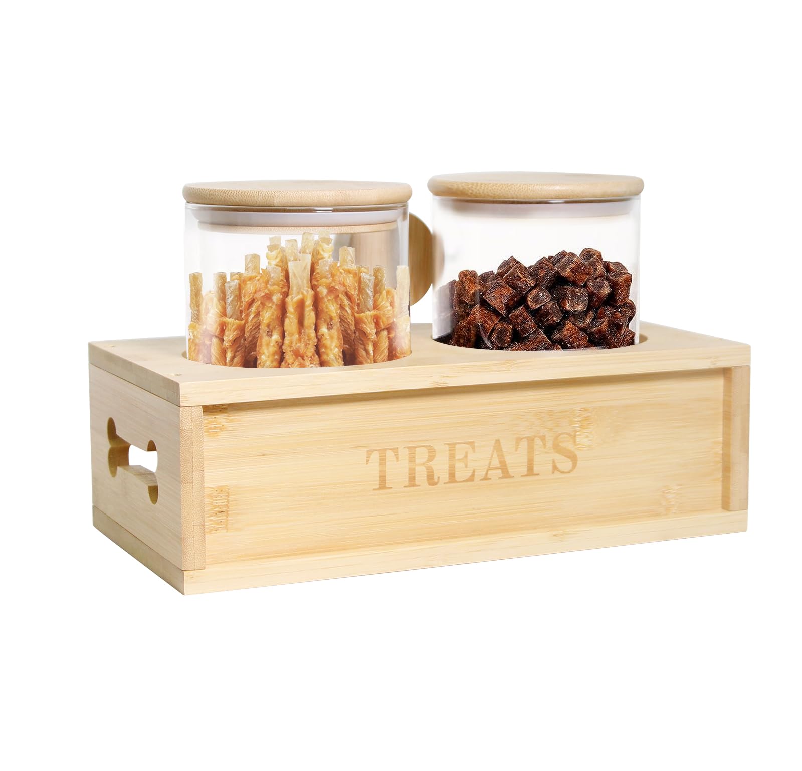2-Pack 37oz Airtight Pet Treat Storage Containers with Wooden Holder - Dog & Cat Food Jars with Scoop - Perfect for Kitchen Counter, Pantry Organization, and Fresh Treat Preservation
