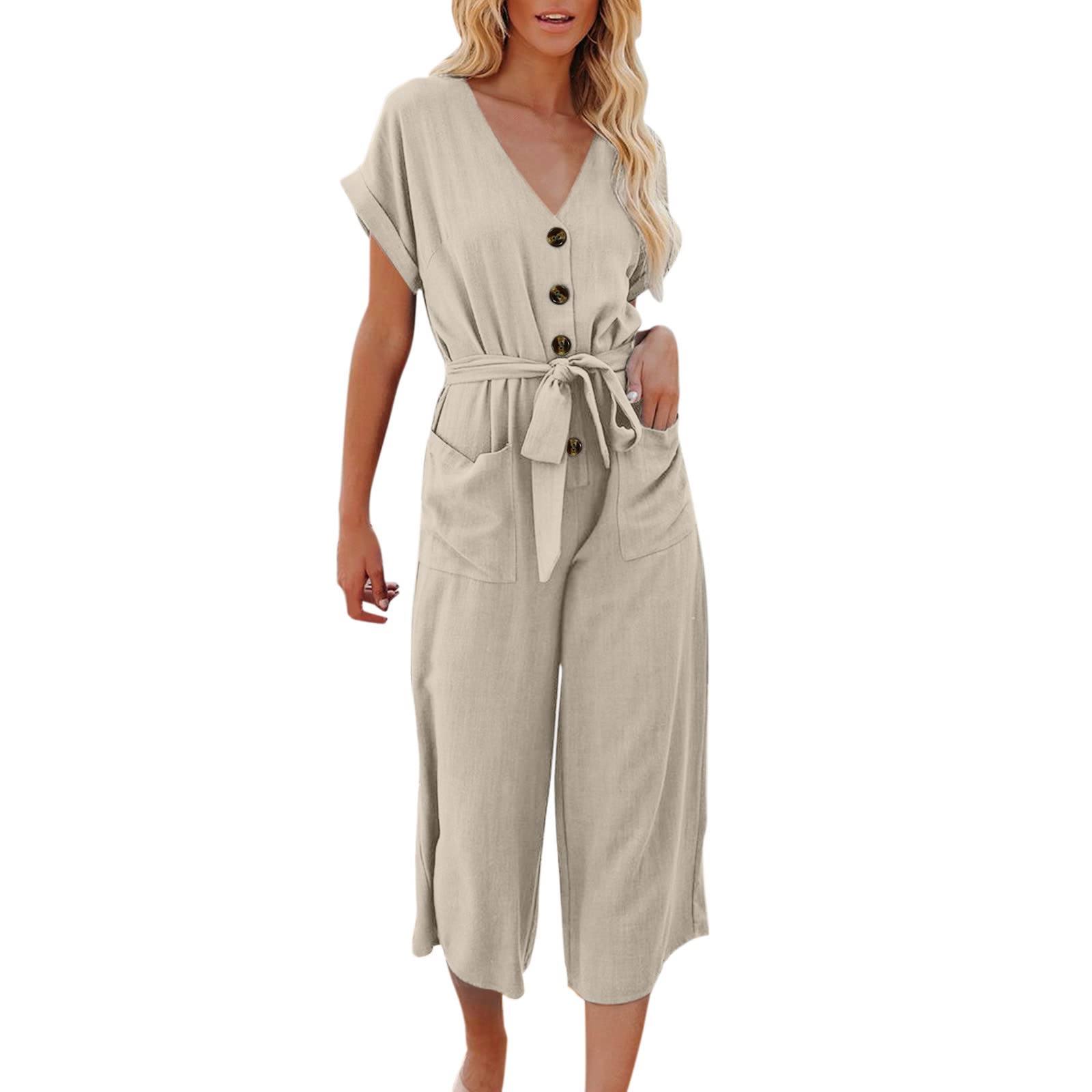 Gibobby Women's Sexy Casual Summer Jumpsuit - Short Sleeve Crewneck Romper with Elastic Waist & Drawstring | Perfect for Beach, Vacation & Summer Outings