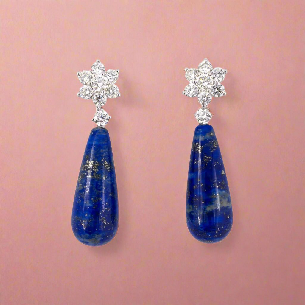 Exquisite Diamond Cluster & Lapis Lazuli Teardrop Dangle Earrings – Elegant Handmade Jewelry for Women | Perfect for Weddings, Parties & Special Occasions