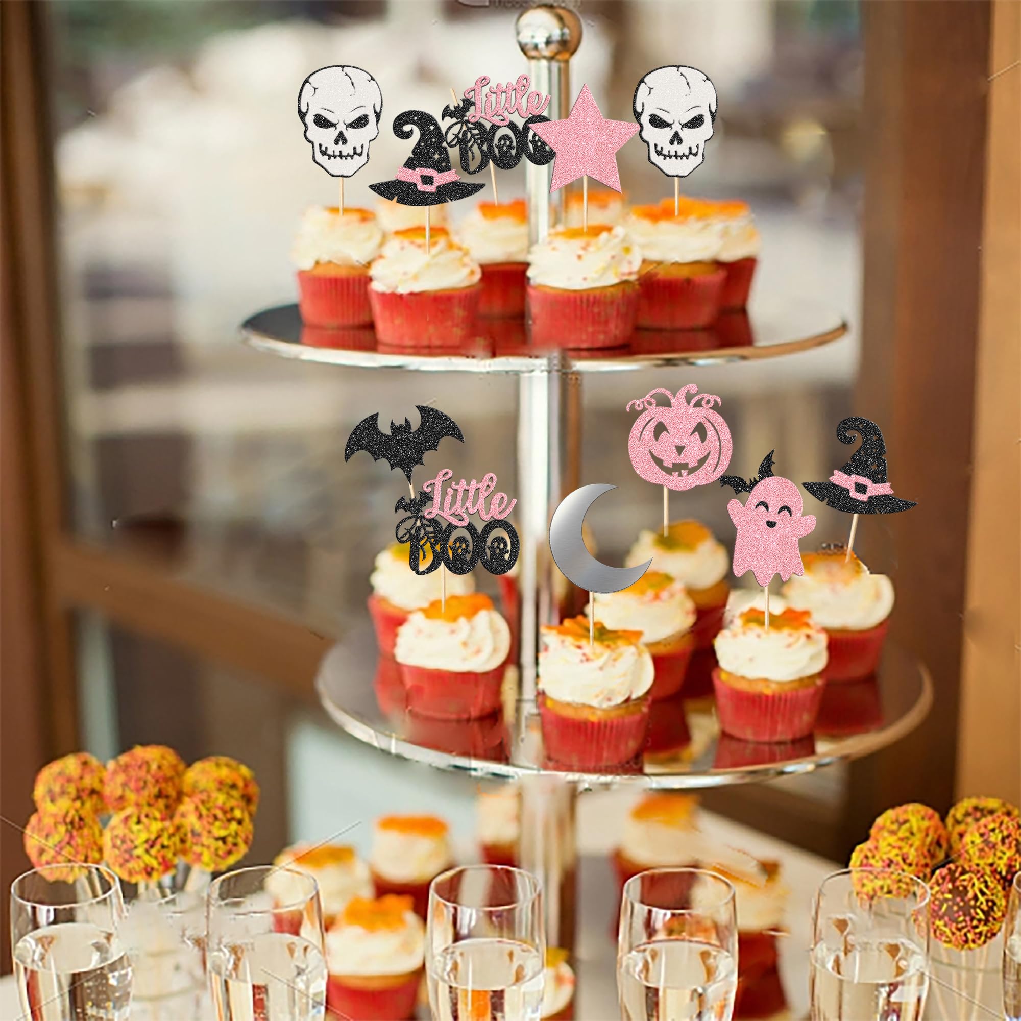 32 Pack Halloween Cupcake Toppers - Pink & Black Glitter Bat Ghost Little Boo Food Picks for Pumpkin Baby Shower Cake Decor | Halloween & Birthday Party Supplies | Perfect for Halloween Treats, Cupcake Decorating, Baby Showers & Birthday Celebrations