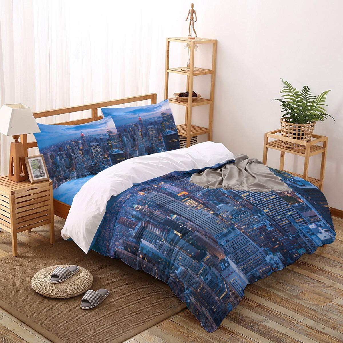 4 Piece Duvet Cover Set - Manhattan Skyline Blue Comforter Cover with Zipper & Corner Ties | Ultra Soft Twin Size Bedding for Kids & Adults | Perfect for Urban-Themed Bedrooms & Teen Dorm Decor