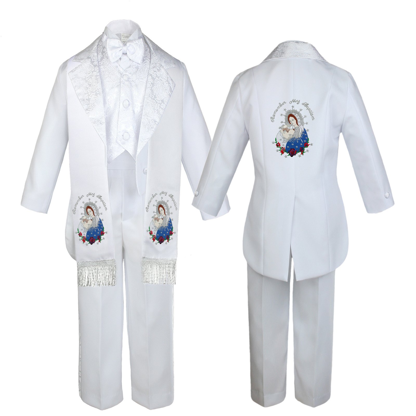 White Paisley Baby Boy Christening Tuxedo & Pope Stole Set - Formal Baptism Outfit for Infants & Toddlers - Perfect for Church Ceremonies, First Communion & Special Occasions