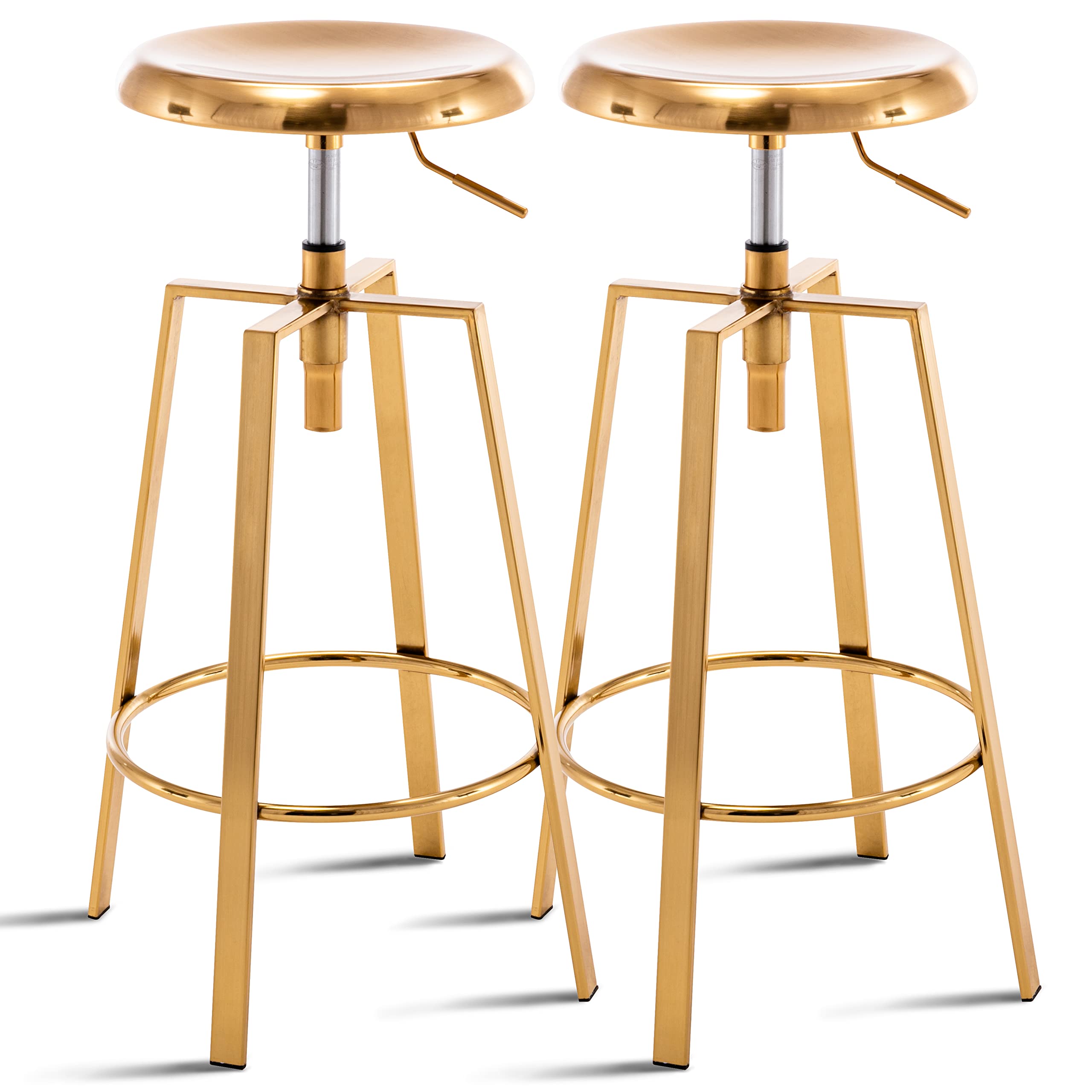 Adjustable Industrial Bar Stool Set of 2 - Swivel Round Metal Barstools with Armless Metal Frame, Counter Height Bar Chairs for Kitchen, Bistro, Pub & Home Bar - Gold (Perfect for Entertaining & Dining)