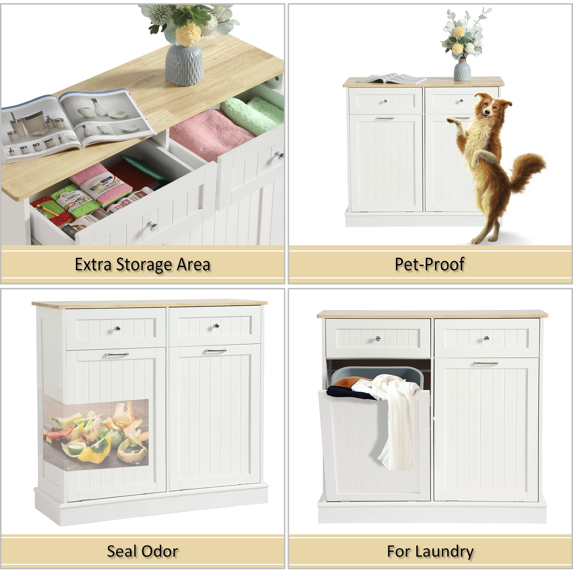 KIGOTY White Double Tilt Out Trash Cabinet - Pet Proof Kitchen Trash Can with Countertop, Drawer & Storage | Wooden Laundry Hamper for Kitchen Organization | Perfect for Small Spaces & Pet-Friendly Homes