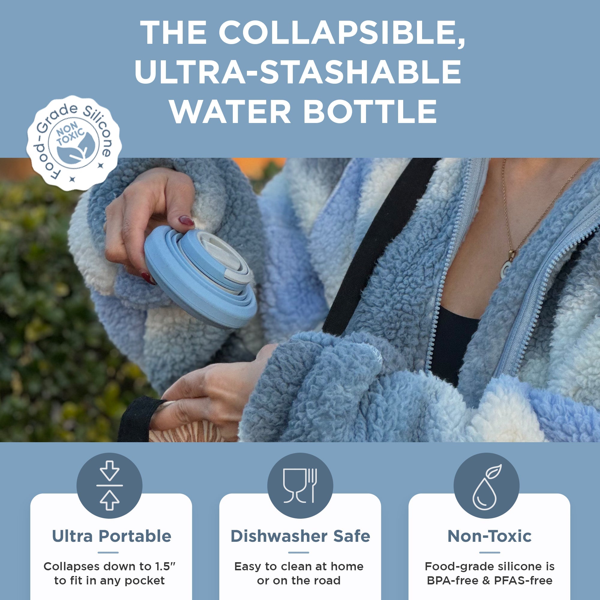 25oz Collapsible Water Bottle - Leak Proof, BPA Free, Portable & Reusable for Hiking, Travel, Gym & Outdoor Activities