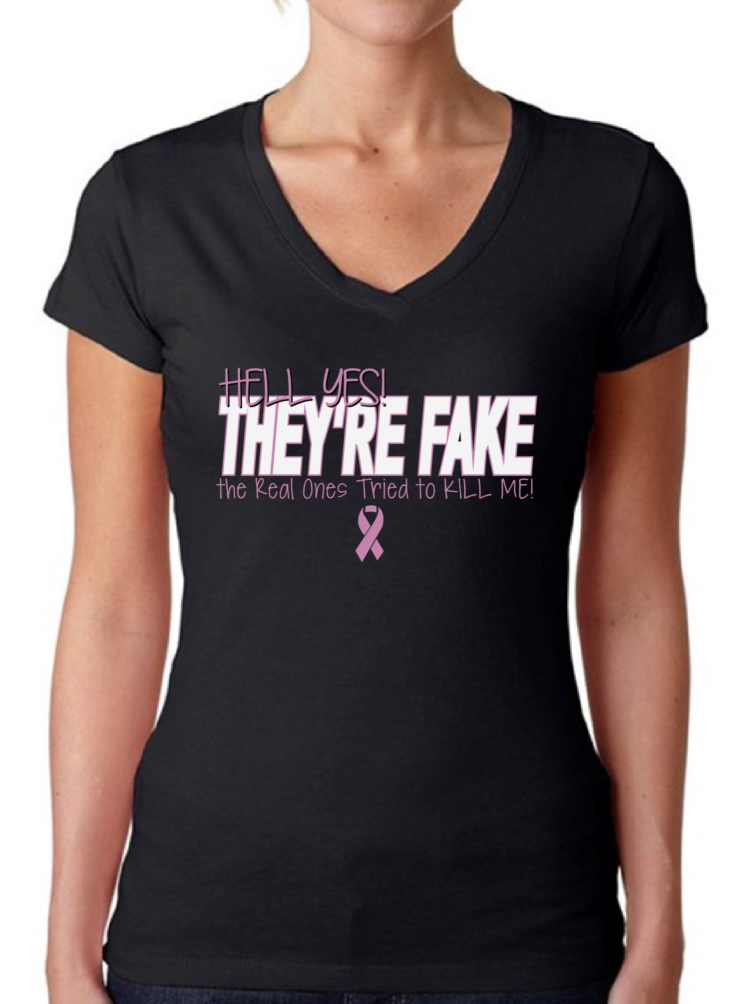 Awkwardstyles Women's Funny Hell Yes They're Fake V-Neck T-Shirt - Breast Cancer Awareness Shirt with Bookmark Gift - Comfortable Casual Tee for Survivors, Supporters & Everyday Wear