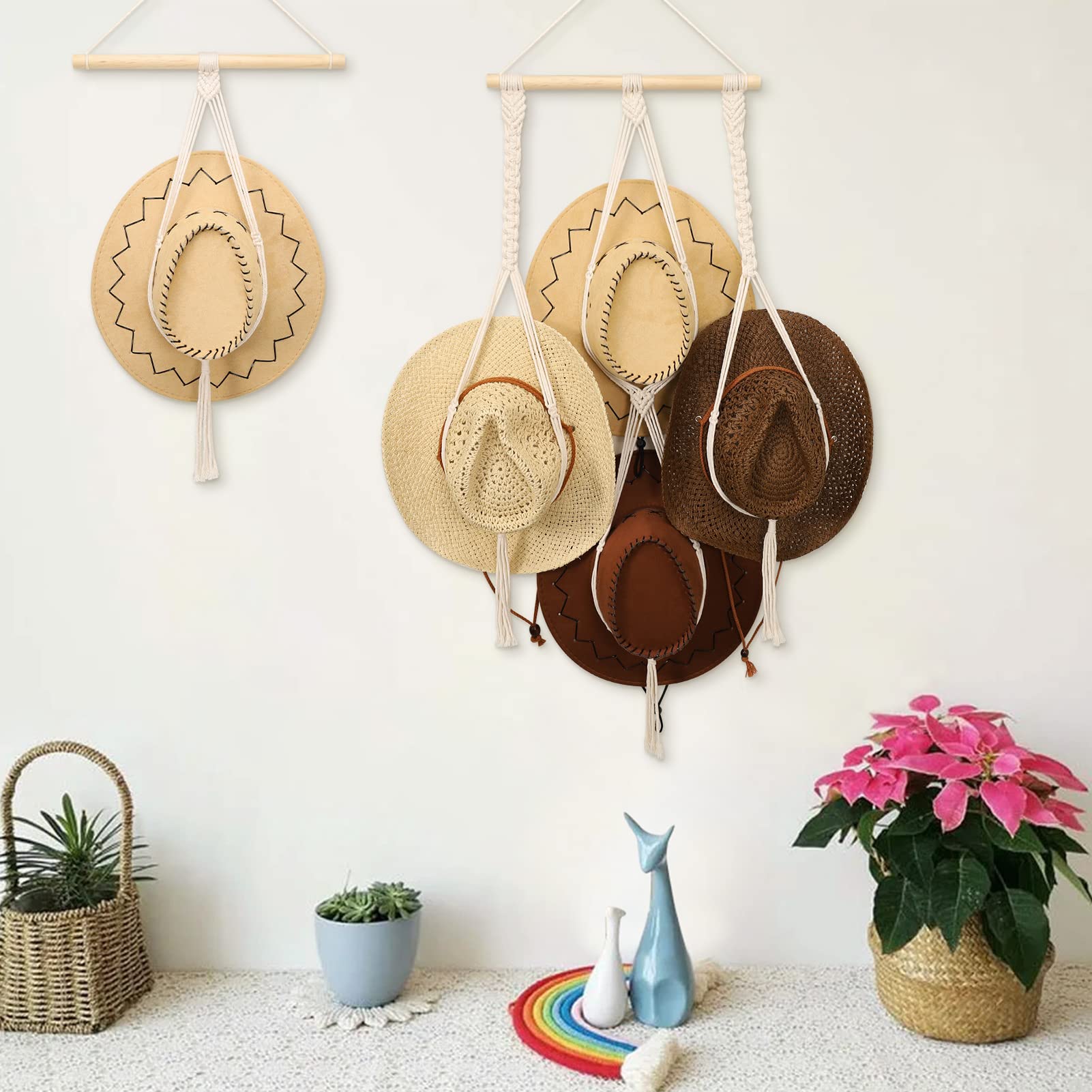 Boho Macrame Hat Hangers for Wall - Decorative Hat Rack Organizer for Wide Brim Hats, Sun Hats & Cowboy Hats - Perfect for Bedroom, Closet & Entryway Storage