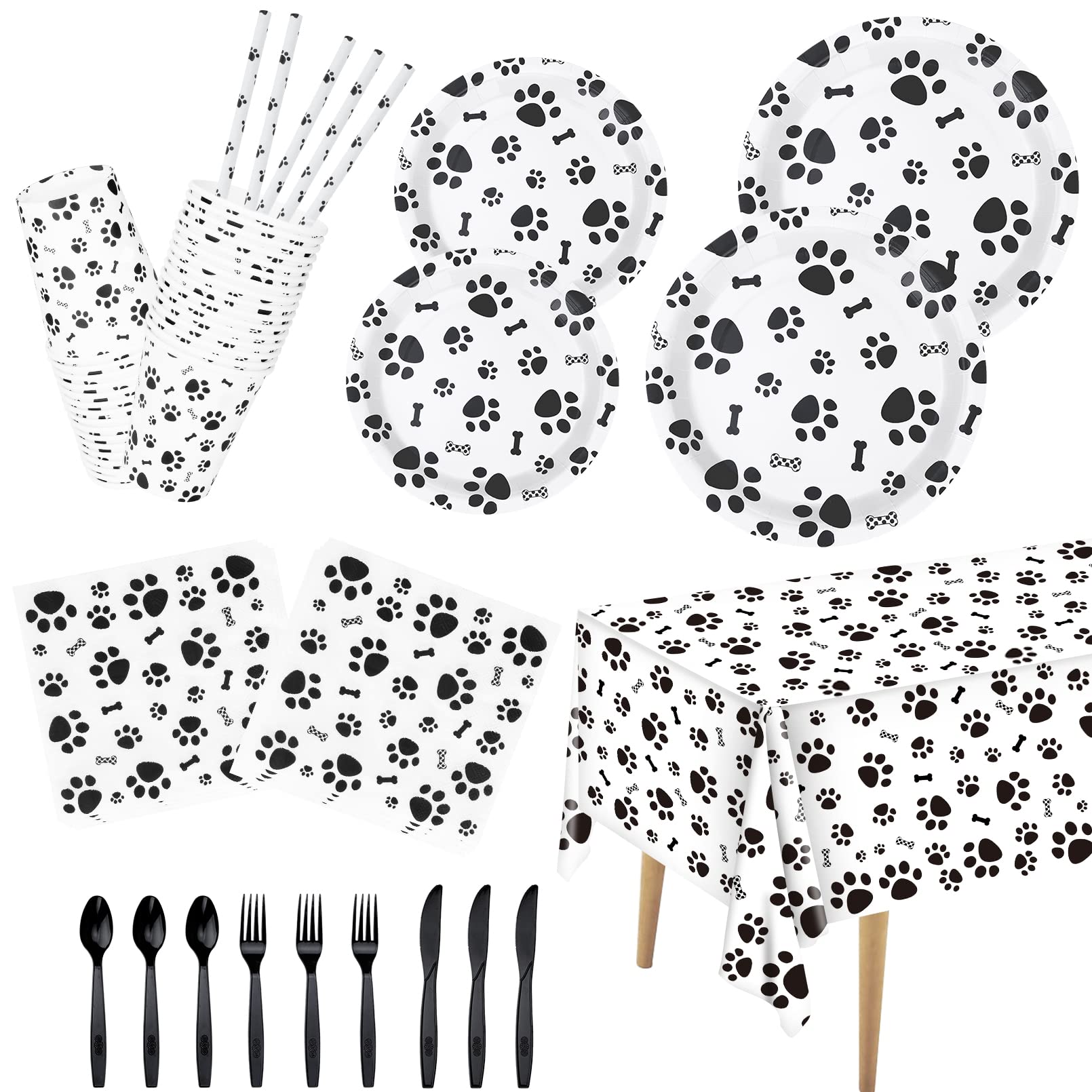130-Piece Puppy Dog Birthday Party Decorations Kit - Paw Print Tablecloth, Disposable Plates, Cups, Napkins, Forks, Knives & Spoons for 16 Guests | Perfect for Dog-Themed Birthday Parties, Puppy Showers & Pet Lover Celebrations