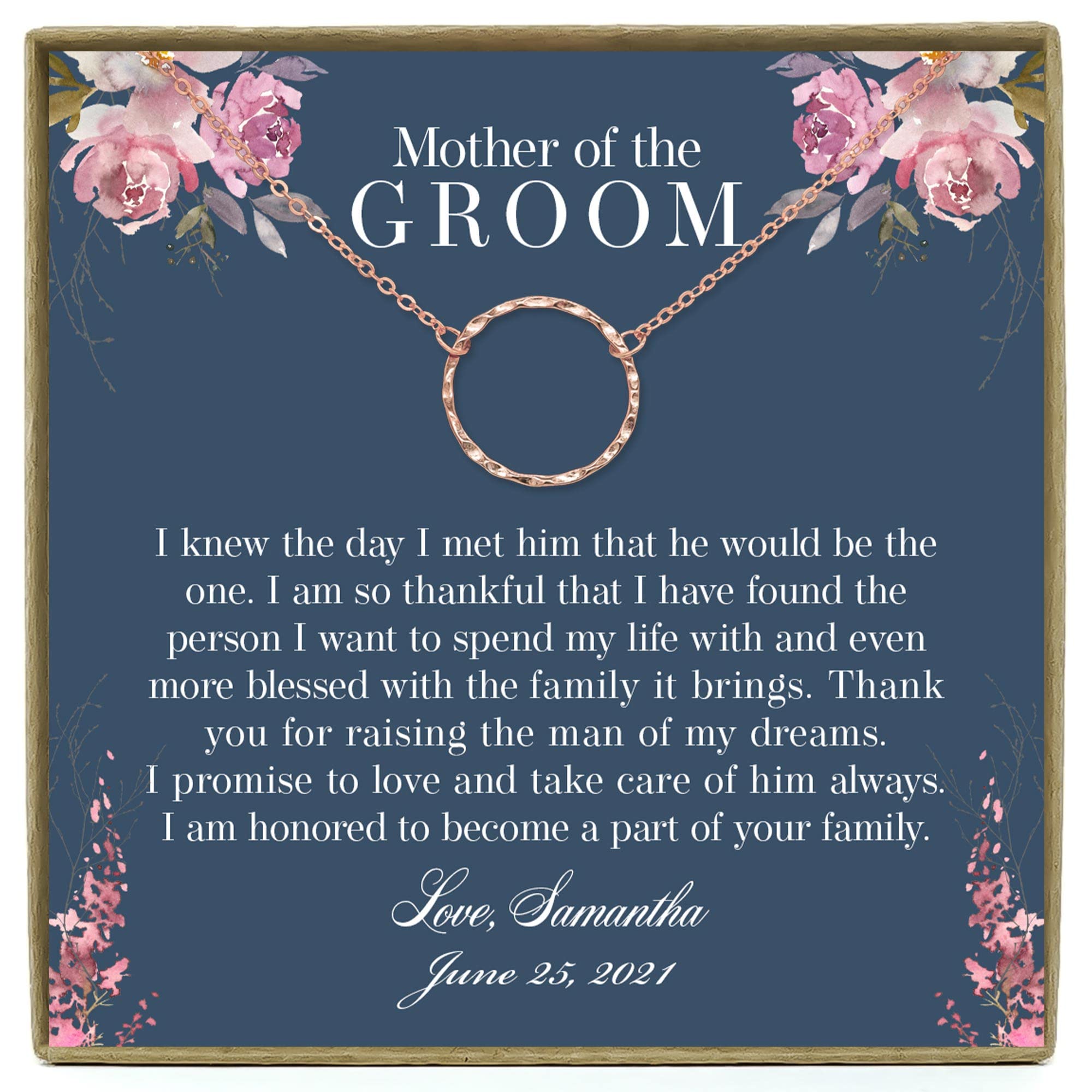 Personalized Mother of the Groom Necklace Gift from Bride - Rose Gold Hammered Ring Jewelry for Wedding, Mother-in-Law Present - Perfect for Bridal Shower, Rehearsal Dinner & Special Occasions