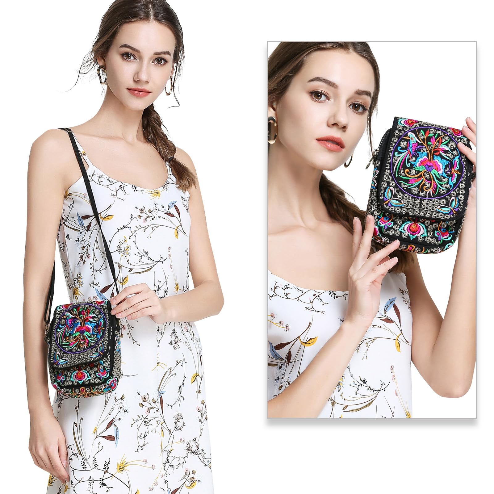Floral Embroidery Canvas Crossbody Bag for Women - Stylish Messenger Purse with Phone Pouch | Perfect for Daily Use, Travel & Shopping