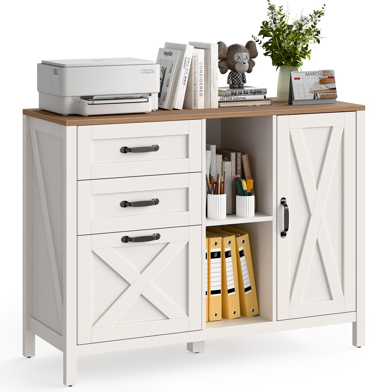 3-Drawer Lateral File Cabinet with Door & Adjustable Shelf - Farmhouse Style Home Office Storage for Letter/A4 Hanging Files - White Printer Stand & Storage Cabinet for Home, Office, or Study Room Organization