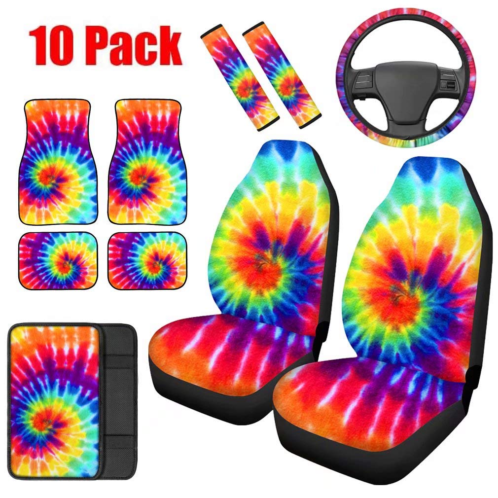 NDISTIN Tie-Dye Car Seat Covers Full Set - 10-Piece Auto Accessories for Cars, Trucks, SUVs & Vans | Front Seat Covers, Floor Mats, Steering Wheel Cover, Seat Belt Pads & Armrest Covers | Stylish Protection for Daily Commute & Road Trips