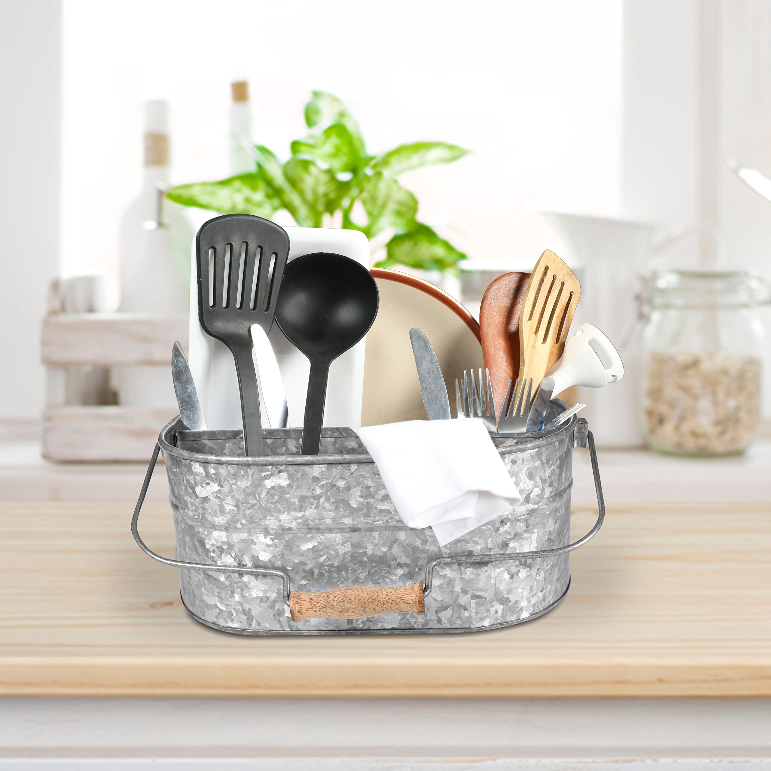Rustic Farmhouse Metal Storage Caddy with Wooden Handle - 4 Compartment Galvanized Organizer for Kitchen Utensils, Picnic Supplies & Garden Tools - Hammered Antique Grey Finish - Perfect for Home, Office & Outdoor Use