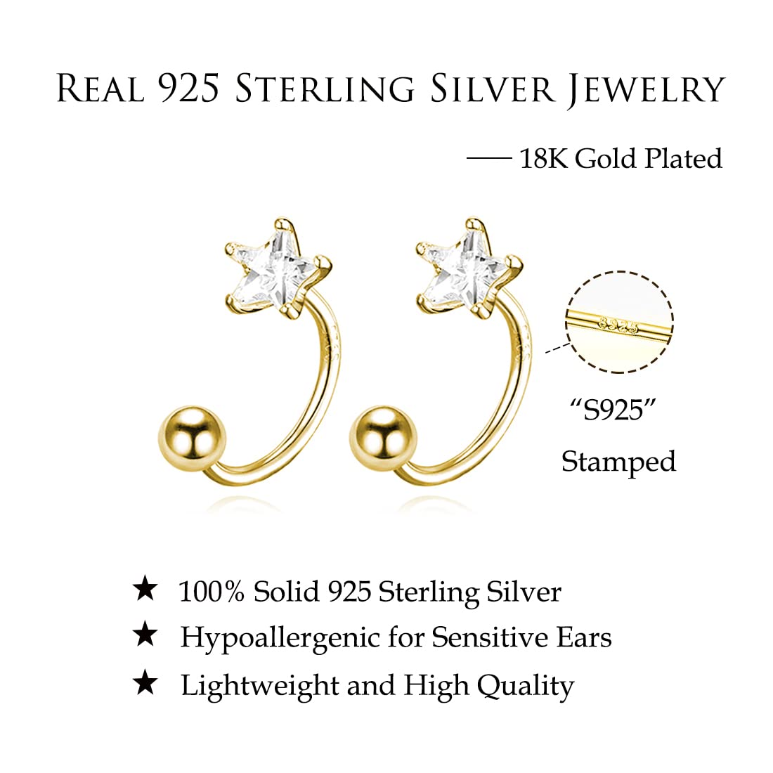 Reffeer Solid 925 Sterling Silver Star Half Hoop Earrings for Women & Teens – Open Huggie Hoops with CZ Stones & Ball Cuffs – Perfect for Everyday Wear, Parties & Gifts