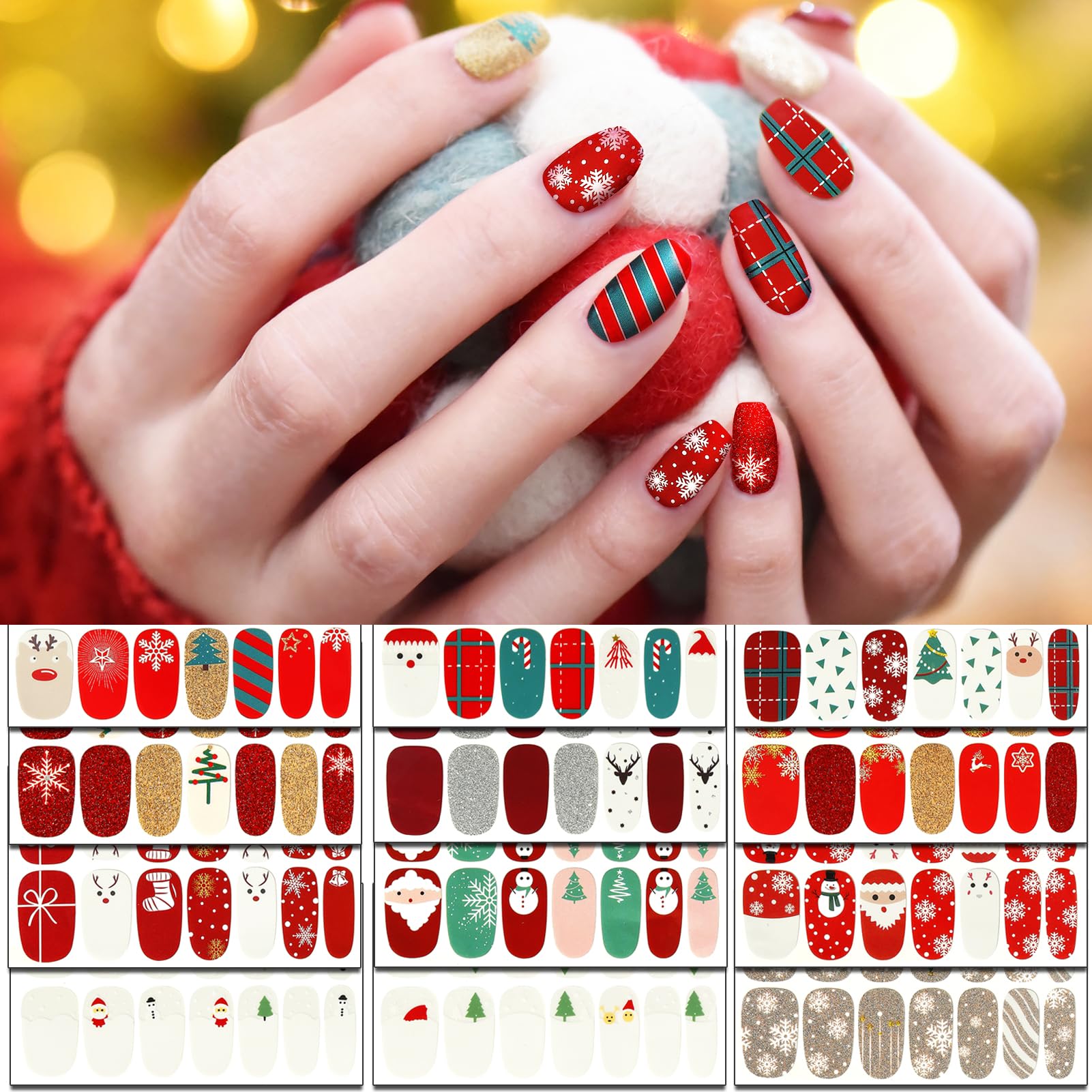 TailaiMei 12 Sheets Christmas Nail Polish Stickers - Self-Adhesive Nail Art Decals with 2Pc Nail Files & Glitter Manicure Kit | Holiday Party Nail Design for Women & Girls | Perfect for Christmas Gifts, Festive Nail Art & DIY Manicures