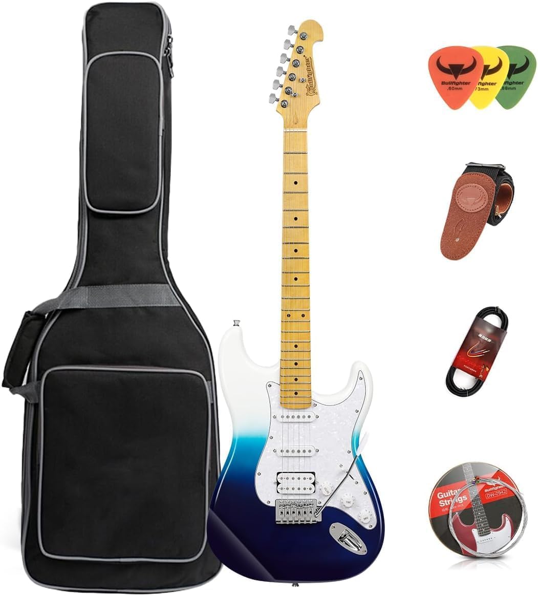 **39 Inch Full Size Solid Body Electric Guitar for Beginners - Bullfighter ST SSH Series with Beginner Kit (Gradient Blue) | Perfect for Rock, Blues & Practice Sessions**