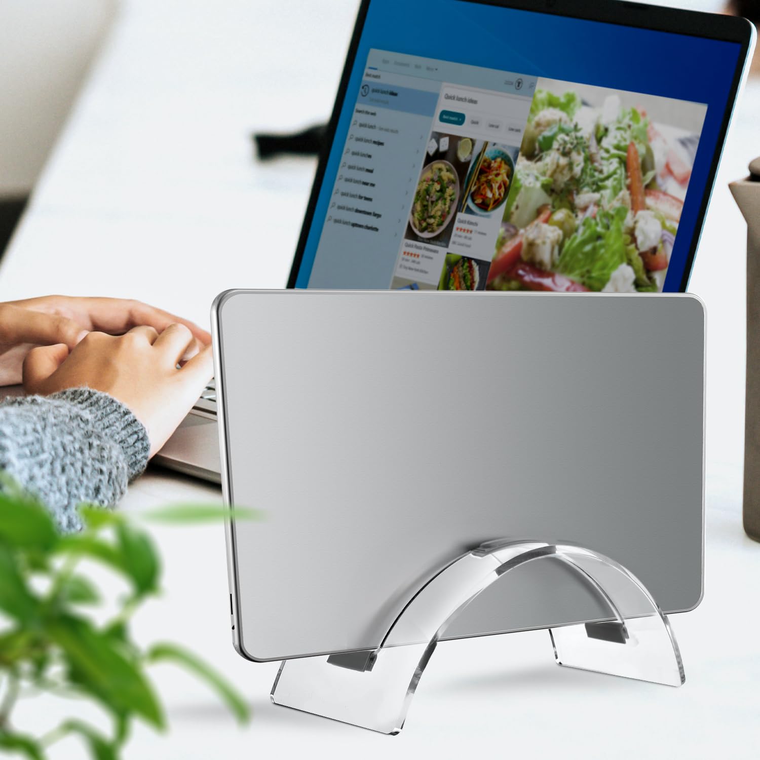 Clear Acrylic Vertical Laptop Stand for Desk - Space Saving Notebook Holder for MacBook, HP, Dell | Home Office Desk Organizer & Storage Solution | Perfect for Workspace Organization & Ergonomic Computing