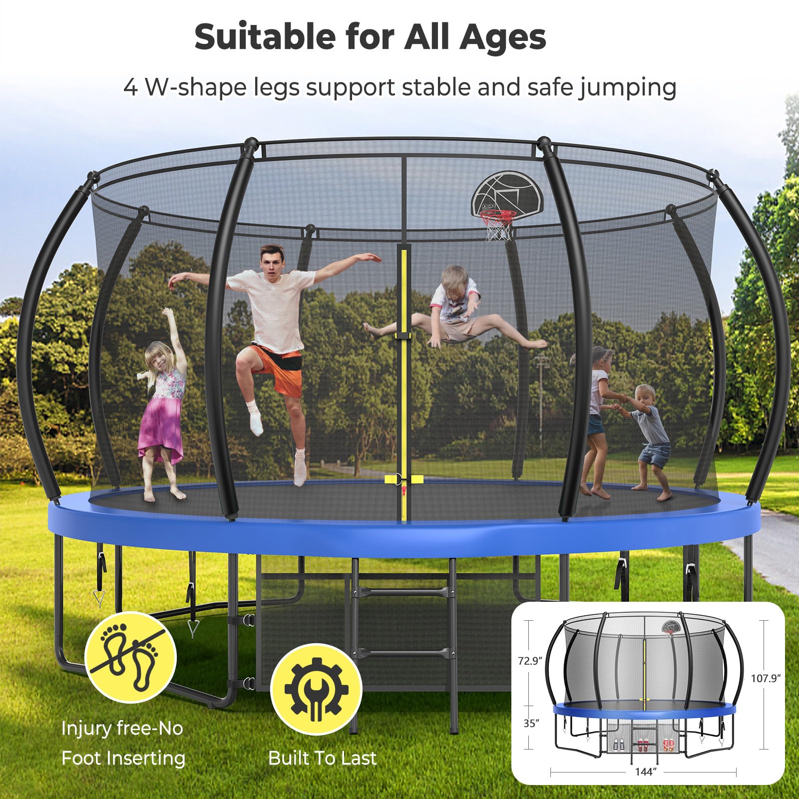 10FT 12FT 14FT 15FT 16FT Large Outdoor Trampoline with Basketball Hoop & LED Lights - Heavy Duty Recreational Trampoline for Kids & Adults with Safety Net, Sprinkler & Anchor Stakes | Perfect for Backyard Fun, Exercise & Family Outdoor Activities