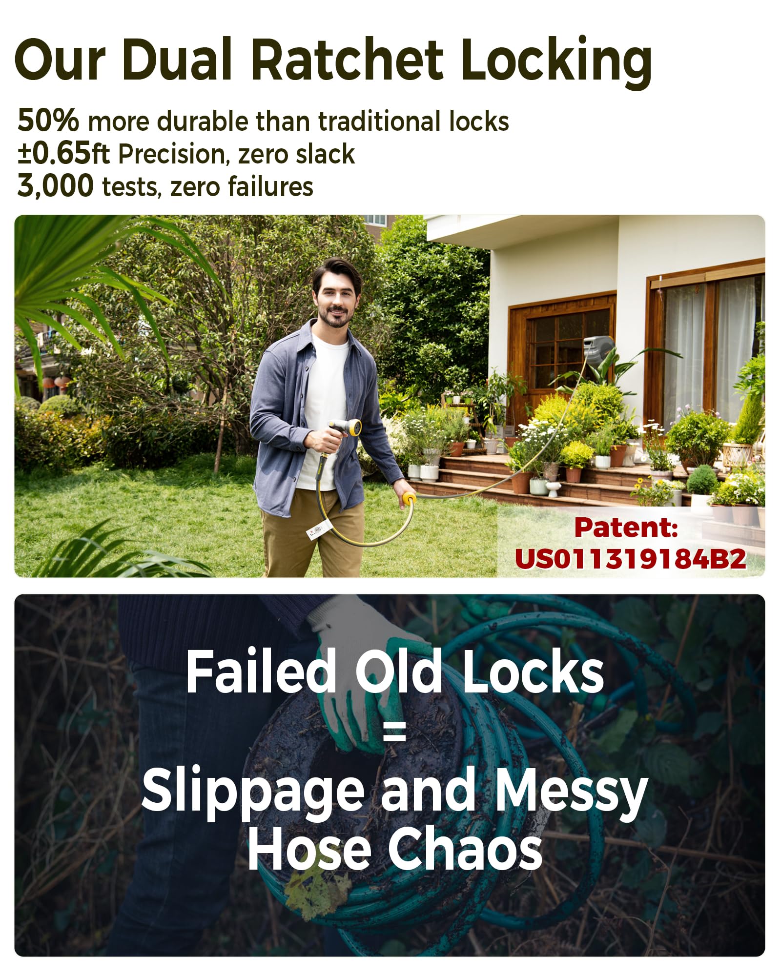 2025 Upgraded 65ft Retractable Garden Hose Reel with Dual Ratchet Lock - 5/8 Inch Heavy Duty Expandable Hose with UV & Freeze Protection, Brass Seal, Slow Retraction & Anti-Tangle Design - 180° Swivel Wall Mount for Lawn, Yard, Car Washing & Outdoor Watering