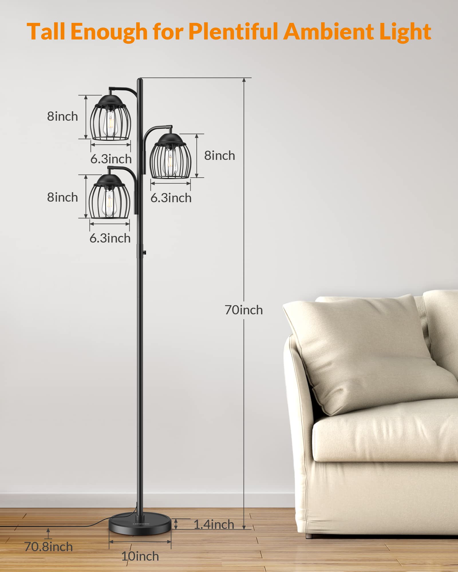 LEPOWER Adjustable Dimmable Floor Lamp with 3 x 1000LM LED Edison Bulbs - Industrial Style Multi-Head Standing Light for Bedroom, Office & Living Room - Perfect for Reading, Working and Ambient Lighting