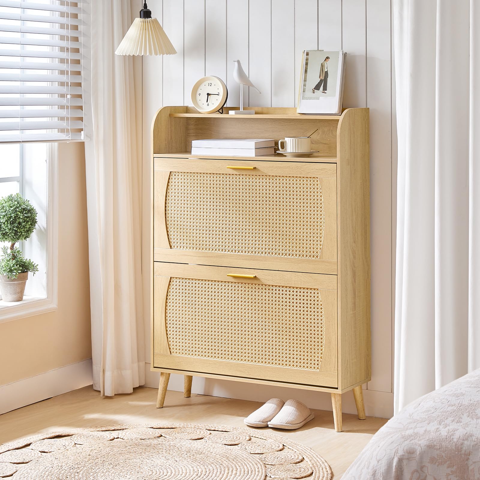 HOOBRO Rattan Shoe Storage Cabinet with 2 Flip Drawers - Adjustable Shelves Entryway Shoe Organizer for Hallway & Living Room - Natural Bamboo Shoe Rack for Small Spaces (NN80SC01) | Perfect for Apartment Entry, Closet Organization & Home Decor