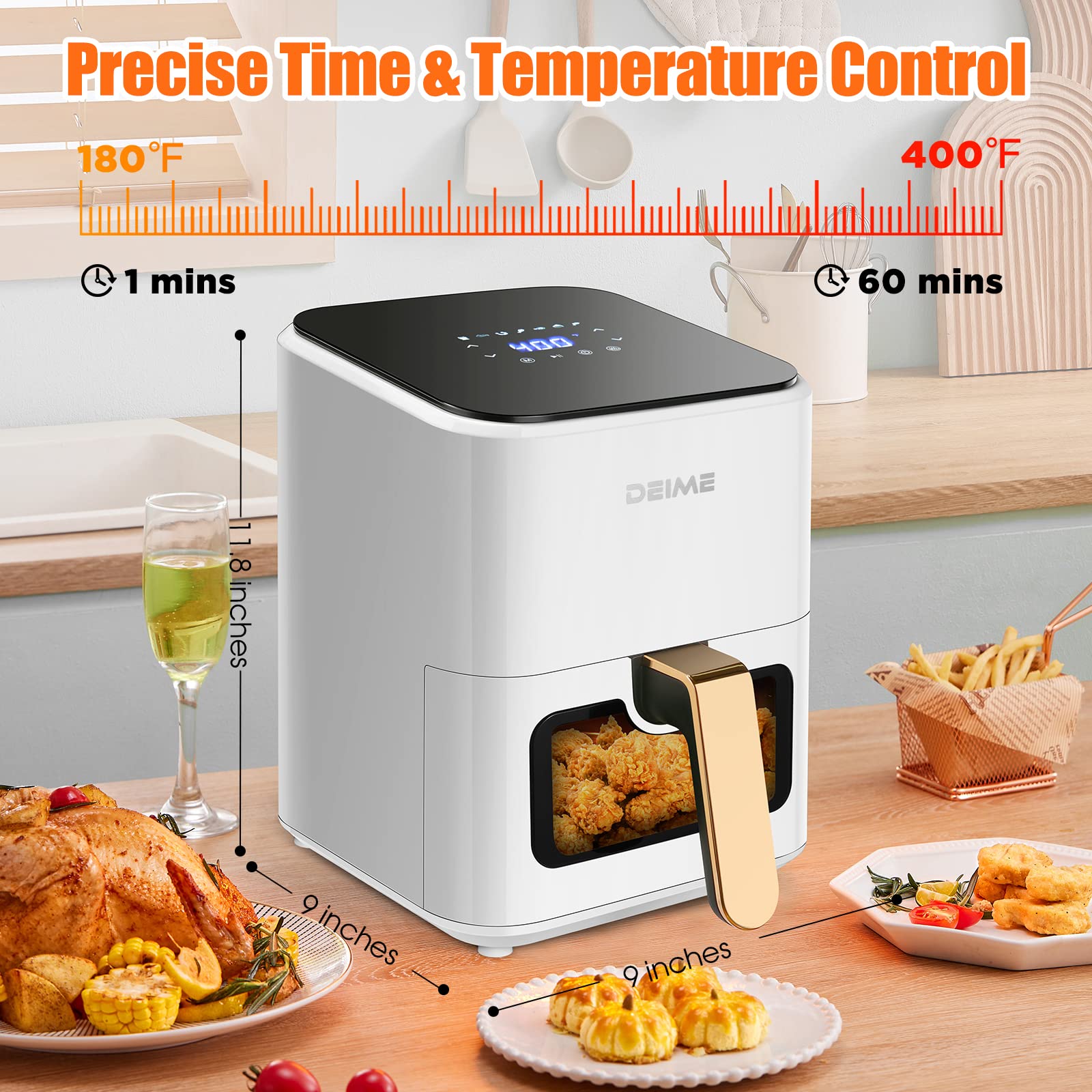 DEIME 4.2 QT Air Fryer - 1200W Oil Free Healthy Cooker with Digital LCD Touch Screen, 7 Presets, Non-Stick Basket & View Window - Perfect for Small Kitchens, Quick Meals & Healthy Cooking (White)