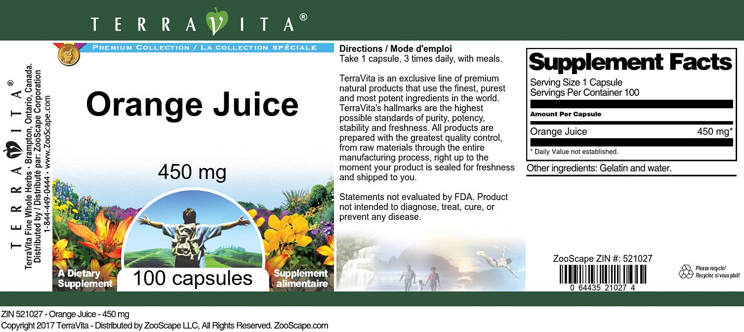 Orange Juice Extract 450mg (100 Capsules) - Immune Support & Antioxidant Boost - Natural Vitamin C Supplement for Daily Wellness & Energy