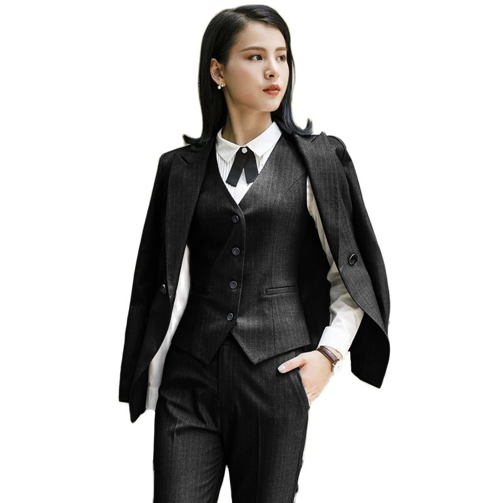 Women's 3-Piece Striped Business Suit Set - Slim Fit Blazer, Pants & Vest for Office Work | Professional Formal Attire for Women | Perfect for Business Meetings, Interviews & Corporate Events