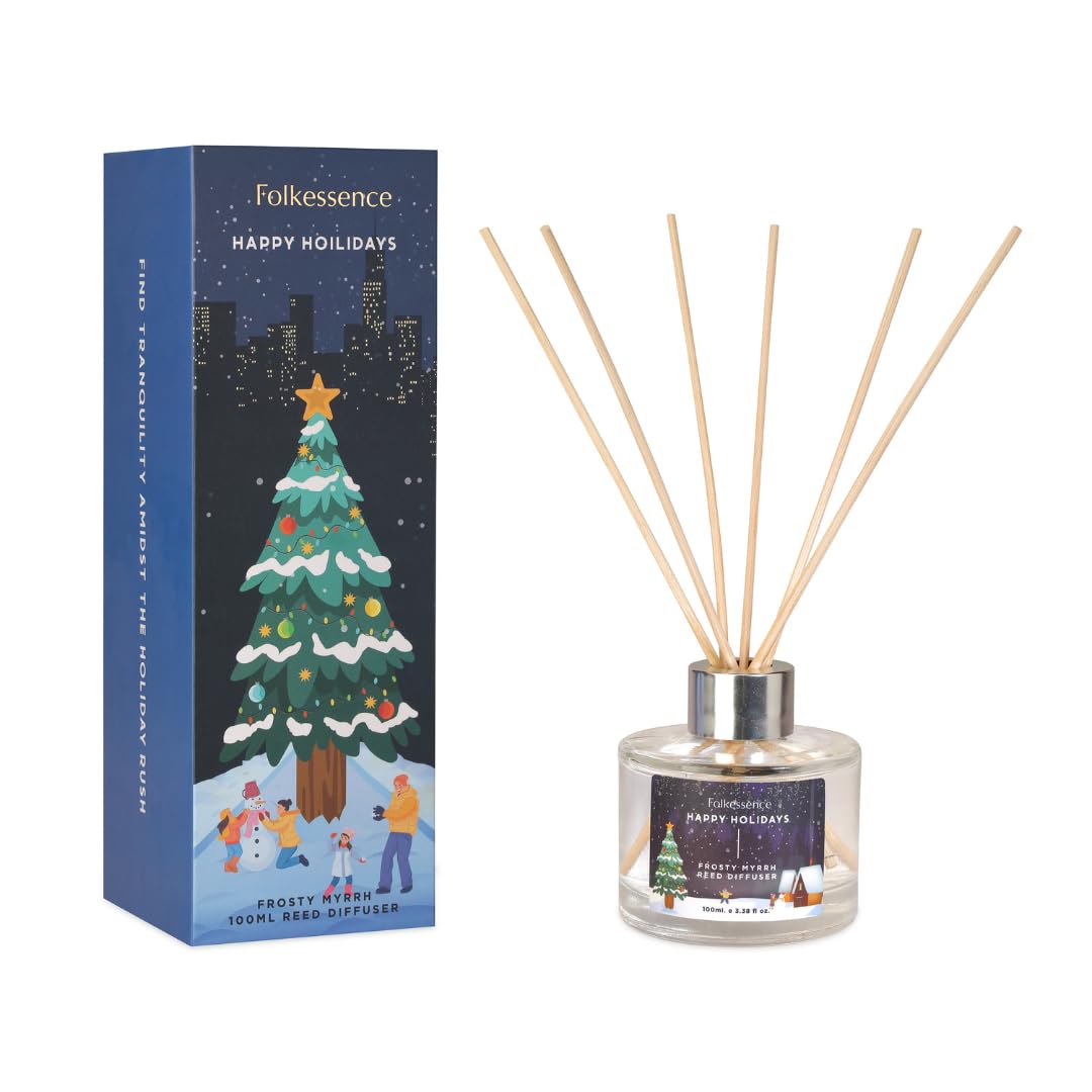 Folkulture Reed Diffusers for Home - 3.38 fl oz Aromatic Oil Diffuser with 6 Reed Sticks | Frosty Myrrh Scent | Perfect for Bathroom Decor, Living Room, Bedroom & Guest Bathroom Essentials