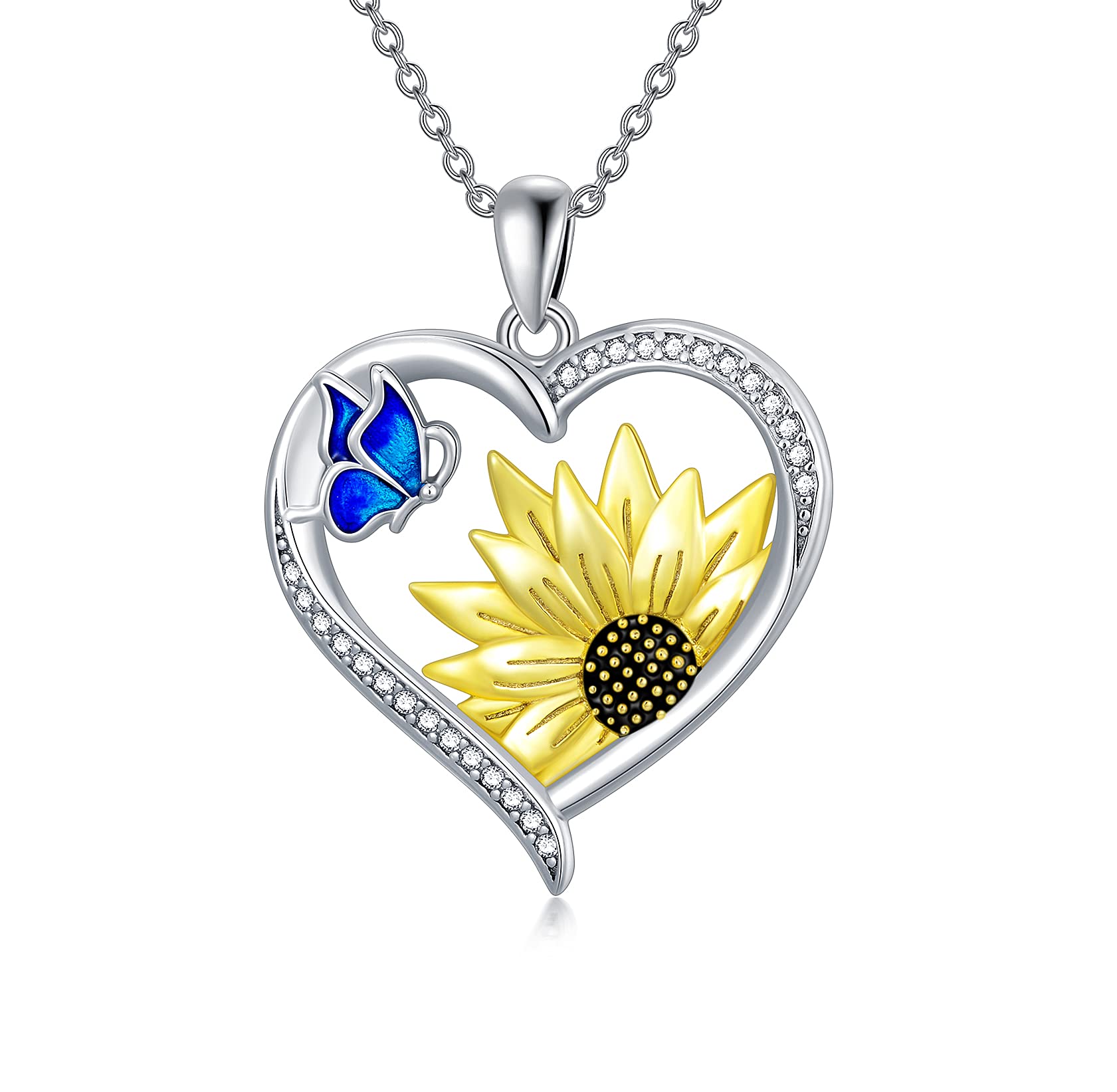 Blue Butterfly Sunflower Teardrop Necklace - Sterling Silver Floral Pendant Jewelry for Women - Perfect for Weddings, Anniversaries & Everyday Elegance