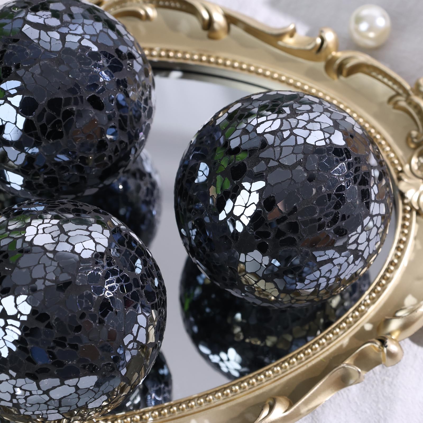 FUTUREPLUSX 5PCS 3.2 Inch Black Mosaic Glass Decorative Balls - Elegant Centerpiece Orbs for Bowls, Vases, Tables, Wedding & Party Decorations - Perfect for Home, Office, and Event Decor