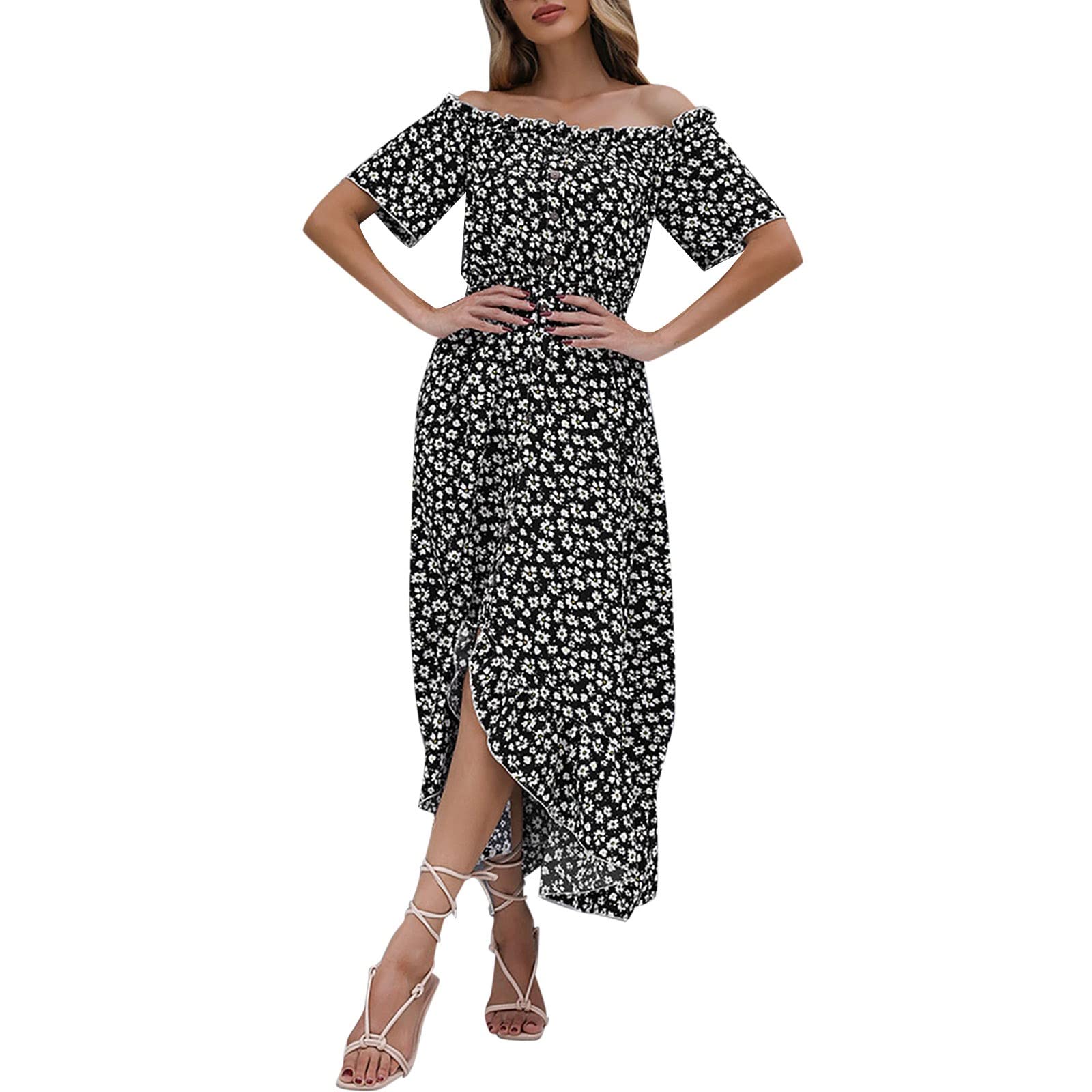 Women's Off Shoulder Floral Maxi Dress - Short Sleeve A-Line Party Dress with Frill Details | Plus Size Summer Beach Wedding Guest Dress