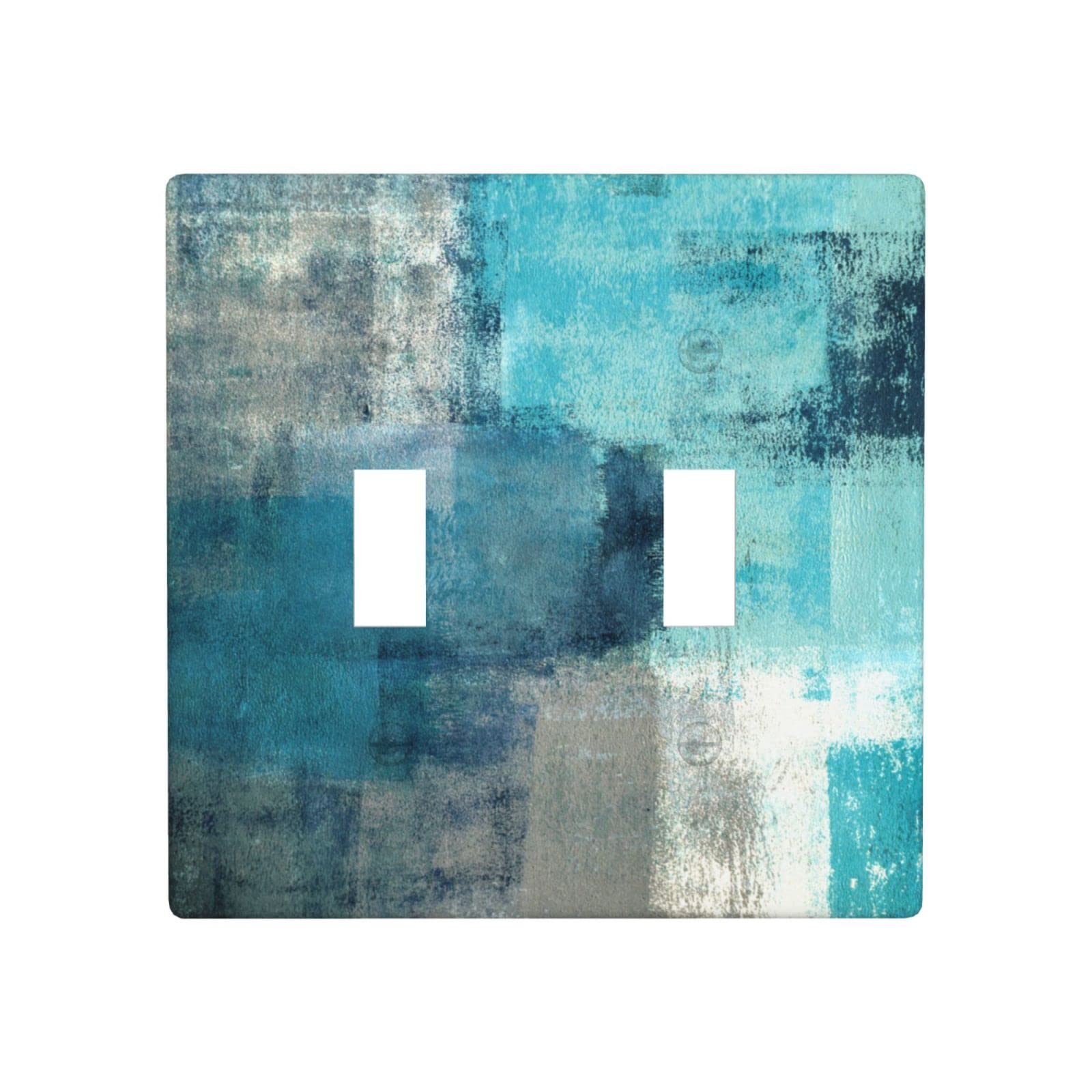 Blue Grey Abstract Art Double Toggle Light Switch Plate Cover - Modern Wall Decor Outlet Covers for Living Room, Bedroom, Office & Store (Home & Commercial Use)