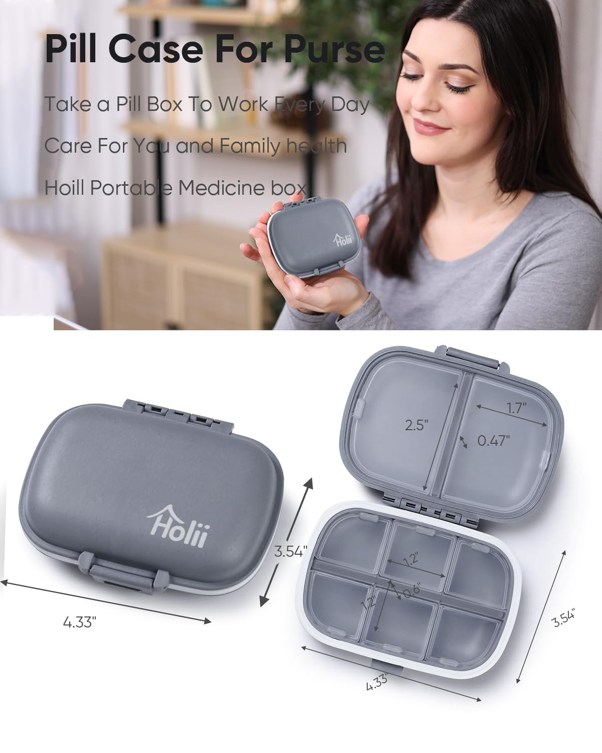 Holii 8-Compartment Travel Pill Organizer - Portable Daily Pill Case for Vitamins & Medication - Compact Medicine Container for Purse, Pocket & On-The-Go Use (Gray) | Perfect for Travel, Work & Daily Health Routine