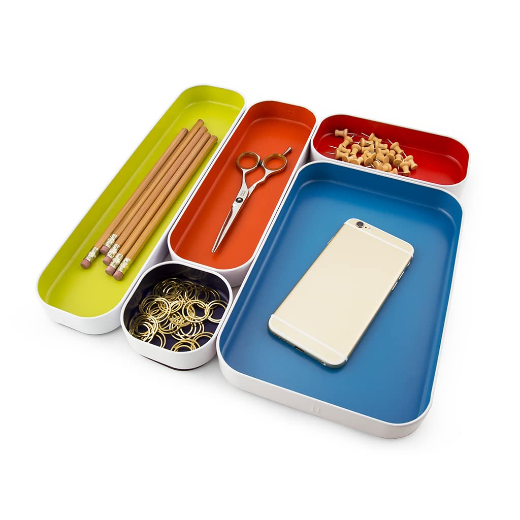 Three by Three Seattle 5-Piece Shallow Metal Organizer Tray Set (1 Inch) - Multicolor Drawer Organizers for Makeup, Stationery, Utensils | Perfect for Office Desk, Kitchen & Bathroom Storage | Space-Saving Solution for Home & Office Organization