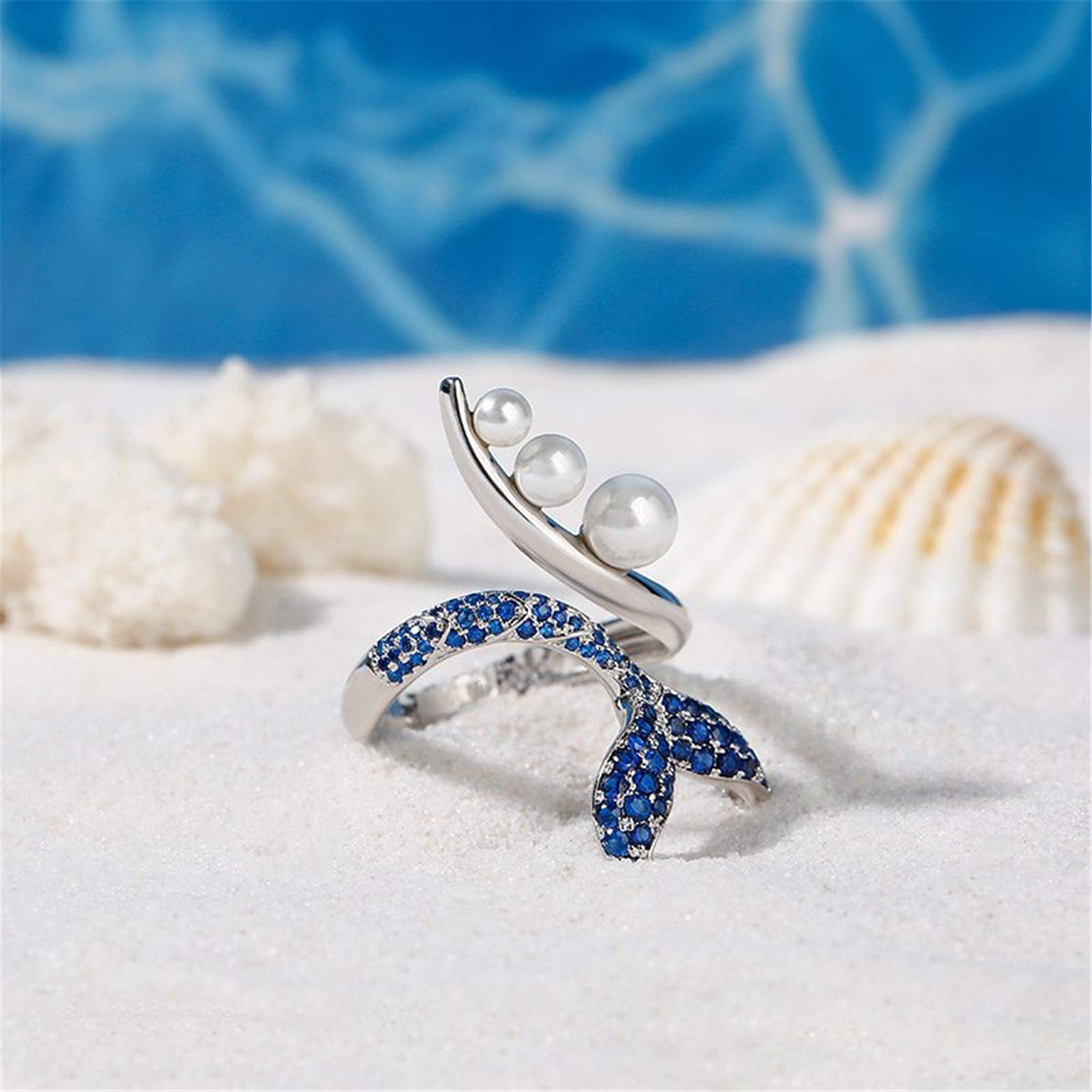 Dancing by The Moonlight Mermaid Tail Sterling Silver Ring for Women - Faux Pearl Elegant Jewelry for Wife, Girlfriend, Engagement, Wedding, Anniversary, Christmas & Birthday Gift with Jewelry Box | Perfect for Romantic Occasions, Date Nights & Special Celebrations