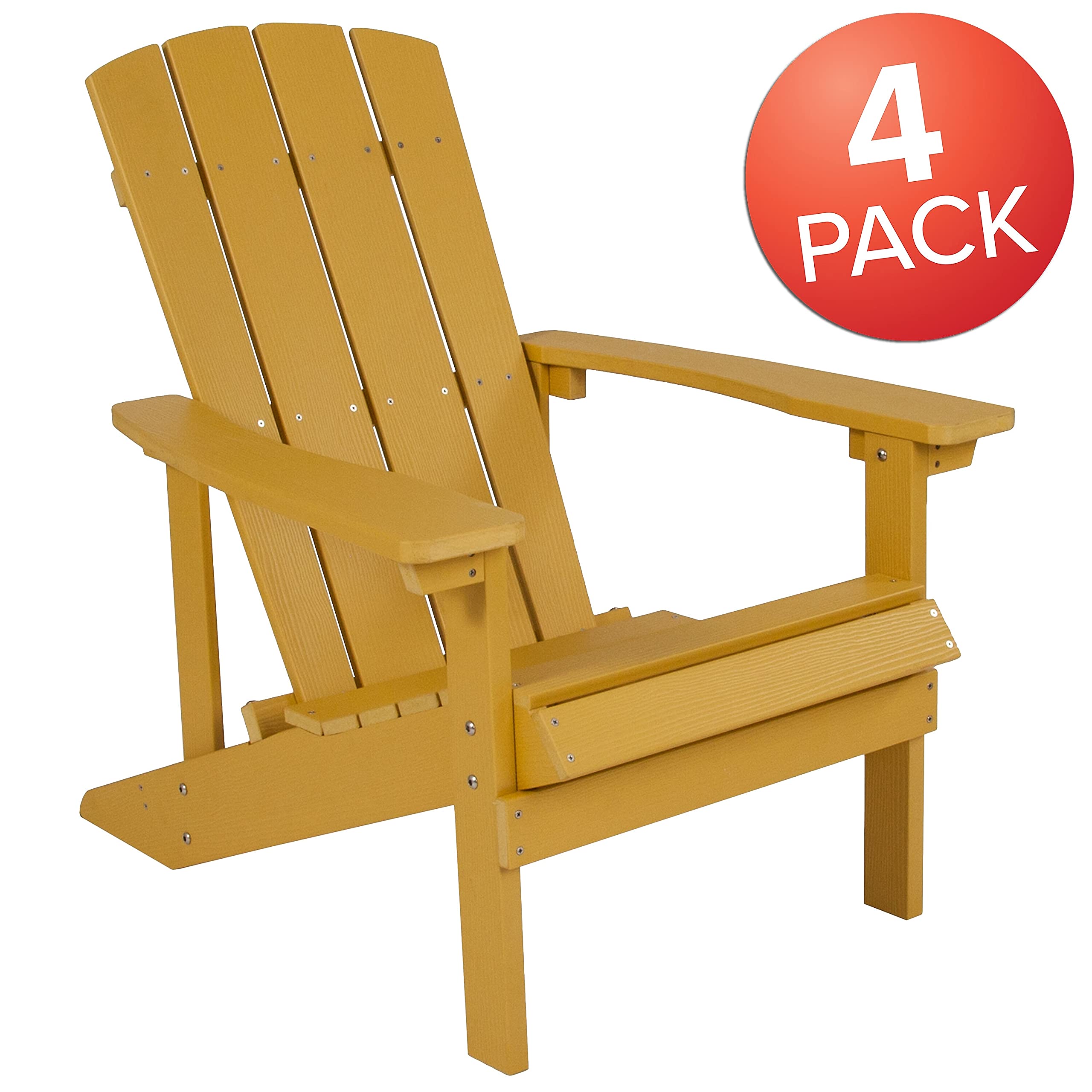 Flash Furniture Charlestown 4-Piece All-Weather Poly Resin Adirondack Chair Set in Yellow - Durable Indoor/Outdoor Patio Furniture for Poolside, Garden, Deck & Backyard Relaxation