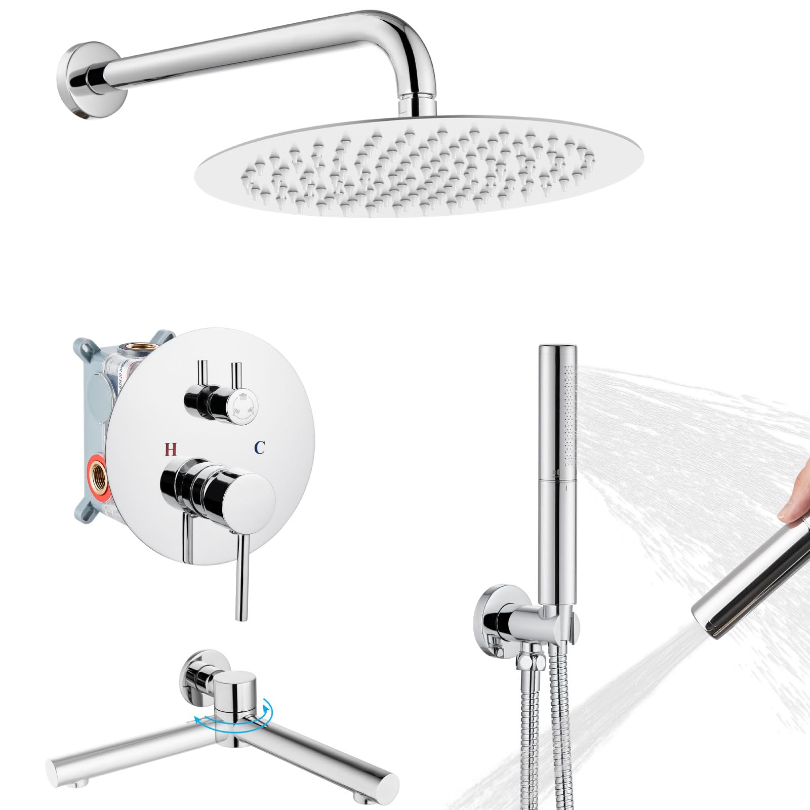 Chrome Polished 12-Inch Round Rain Shower Head & 3-Function Shower System with Handheld Spray - Airuida Tub Shower Faucet Set with Swivel Spout & Rough-in Valve for Bathroom Renovation & Spa-Like Experience