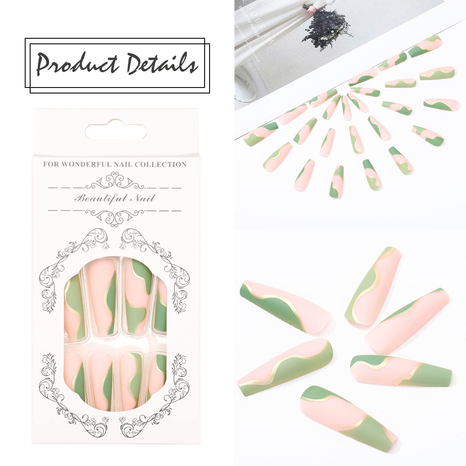 Acenail Extra Long Coffin Press-On Nails - 24PCS French Tip Fake Nails with Glossy Designs, Full Cover Acrylic Nail Tips for Women & Girls (#3 Matte Line) - Perfect for Parties, Weddings & Daily Wear