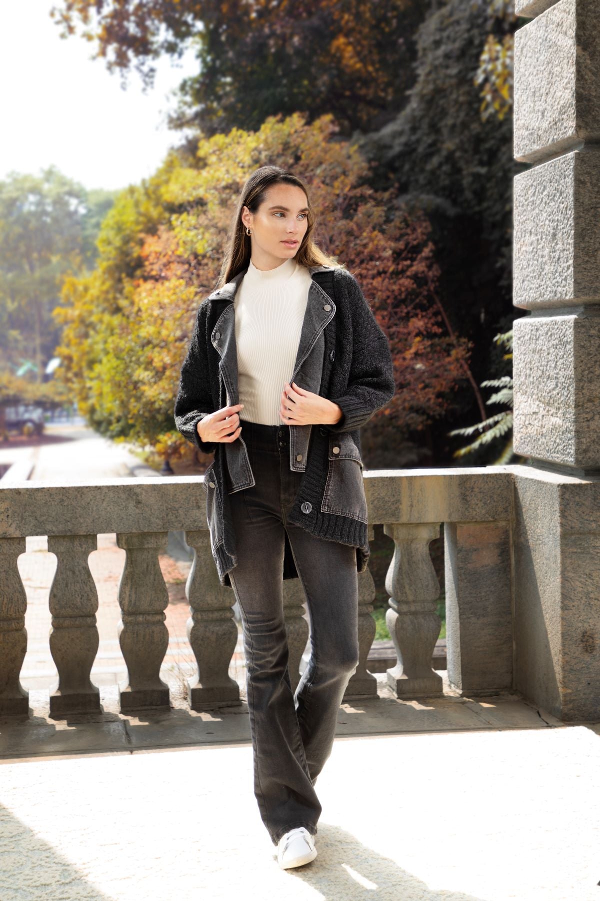 Stylish Women's Denim Knit Cardigan Sweater - Cozy Long Sleeve Open Front Jacket for Casual Outfits & Layering in Fall/Winter