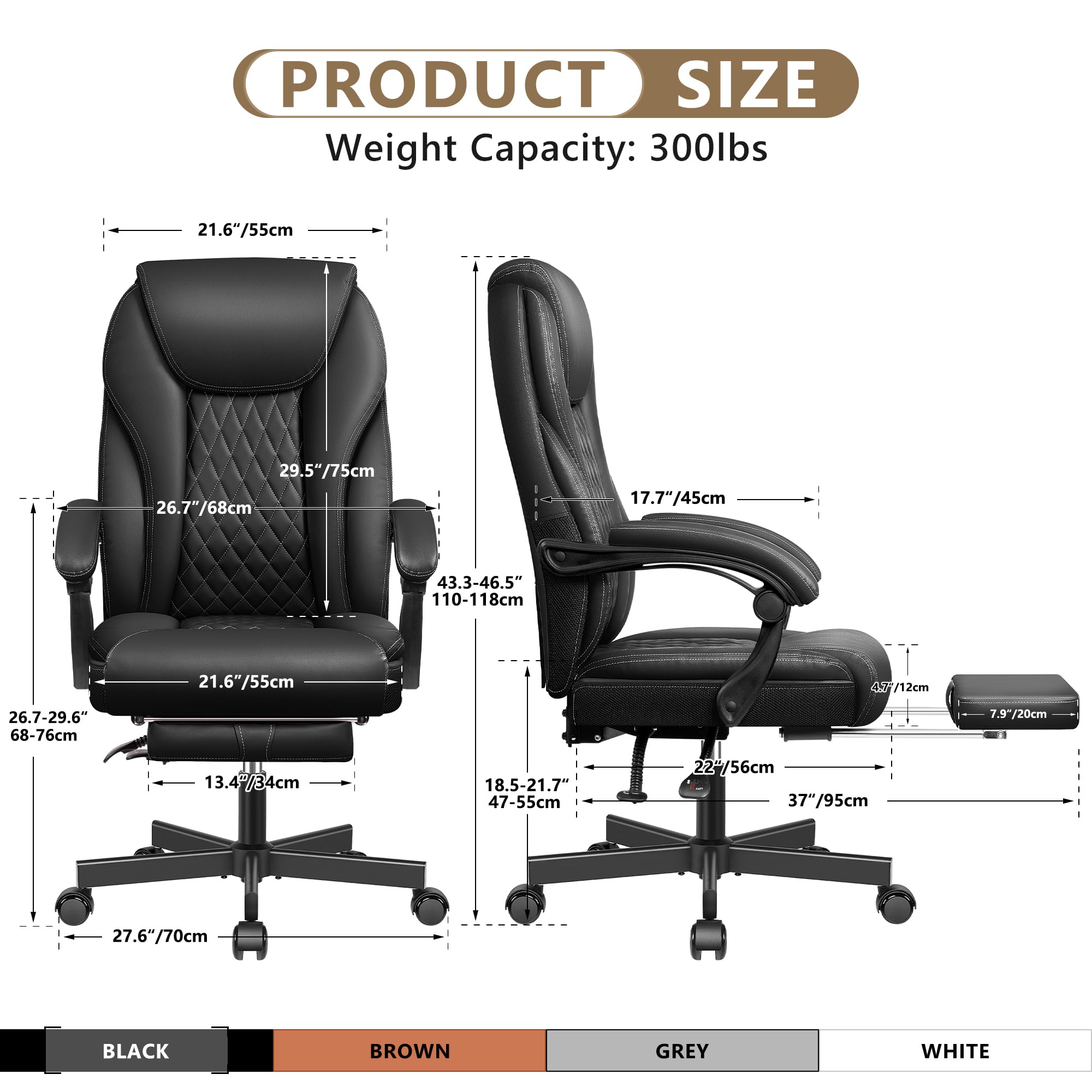 Premium Big and Tall Executive Office Chair - High Back Ergonomic Leather Desk Chair with Adjustable Height, Wheels & Lumbar Support - Home Office Computer Chair with Footrest (Black) - Perfect for Long Work Hours & Conference Room Meetings