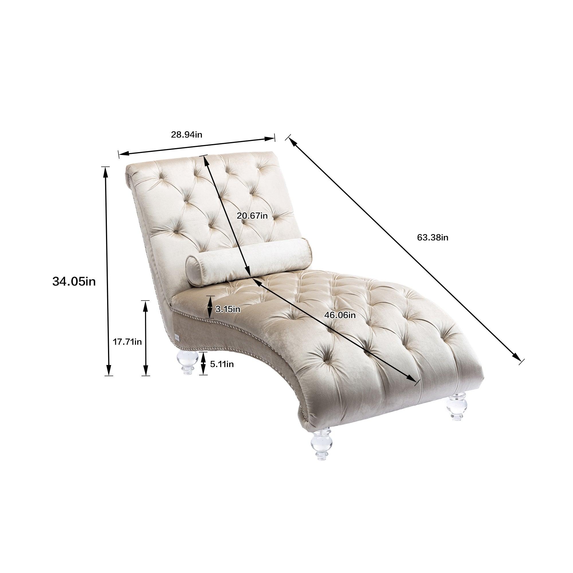 Luxury Velvet Chaise Lounge Chair - Button Tufted Upholstered Sofa with Pillow for Bedroom, Living Room & Office - Elegant Beige Velvet - Perfect for Relaxing, Reading & Home Decor