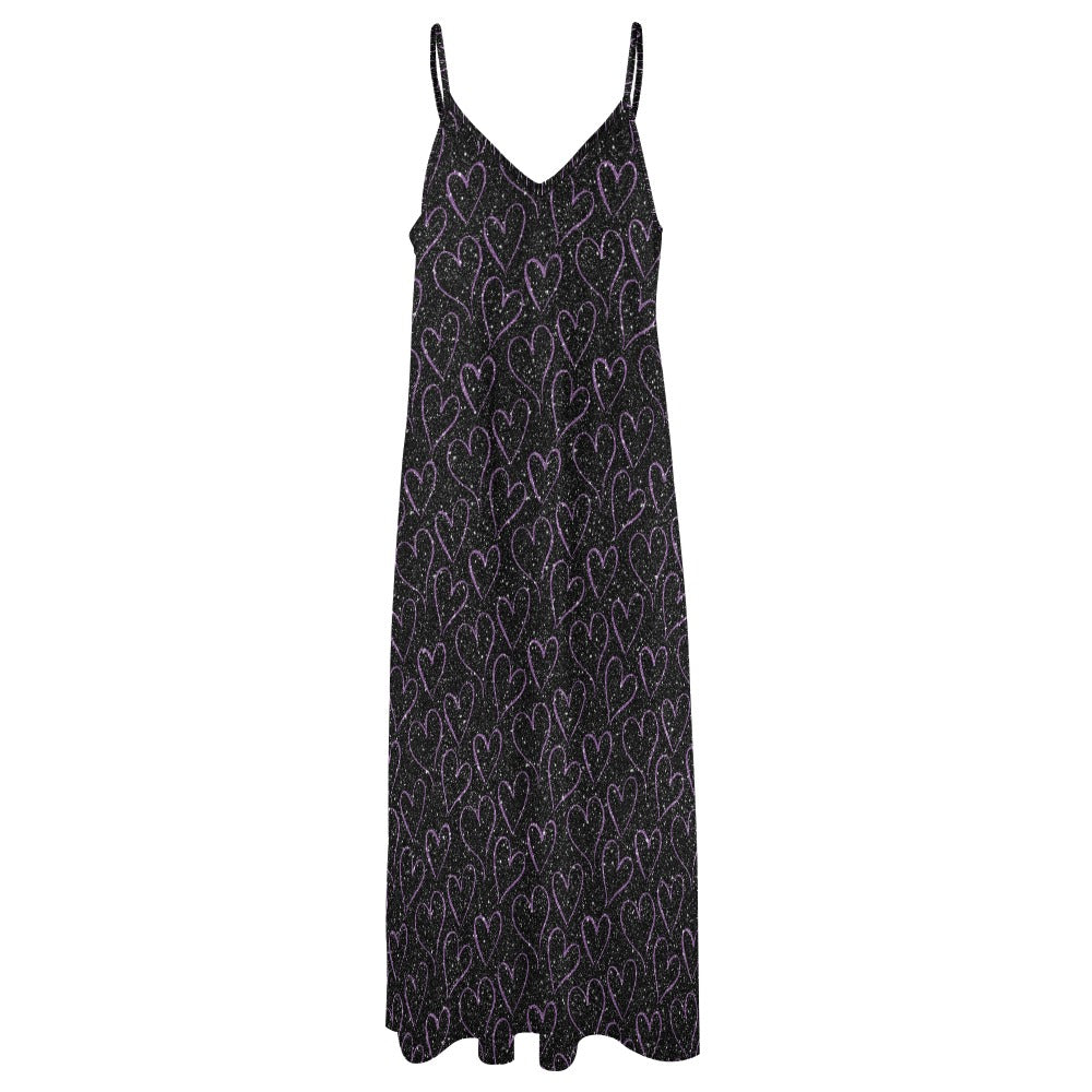 Elegant Purple Sparkling Hearts Sling Ankle Long Dress for Women - Perfect for Evening Parties, Date Nights & Special Occasions