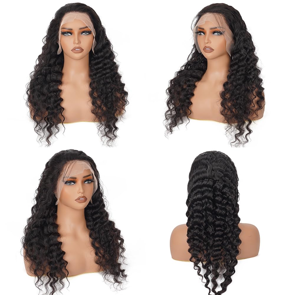 34 Inch XVE Deep Wave Human Hair Wig - 13x4 HD Transparent Lace Frontal, 180% Density, Brazilian Remy Hair, Pre-Plucked Hairline, Glueless Design, Wet & Wavy Curly Wig for Women (Natural Black) - Perfect for Daily Wear, Parties, Cosplay & Special Occasions