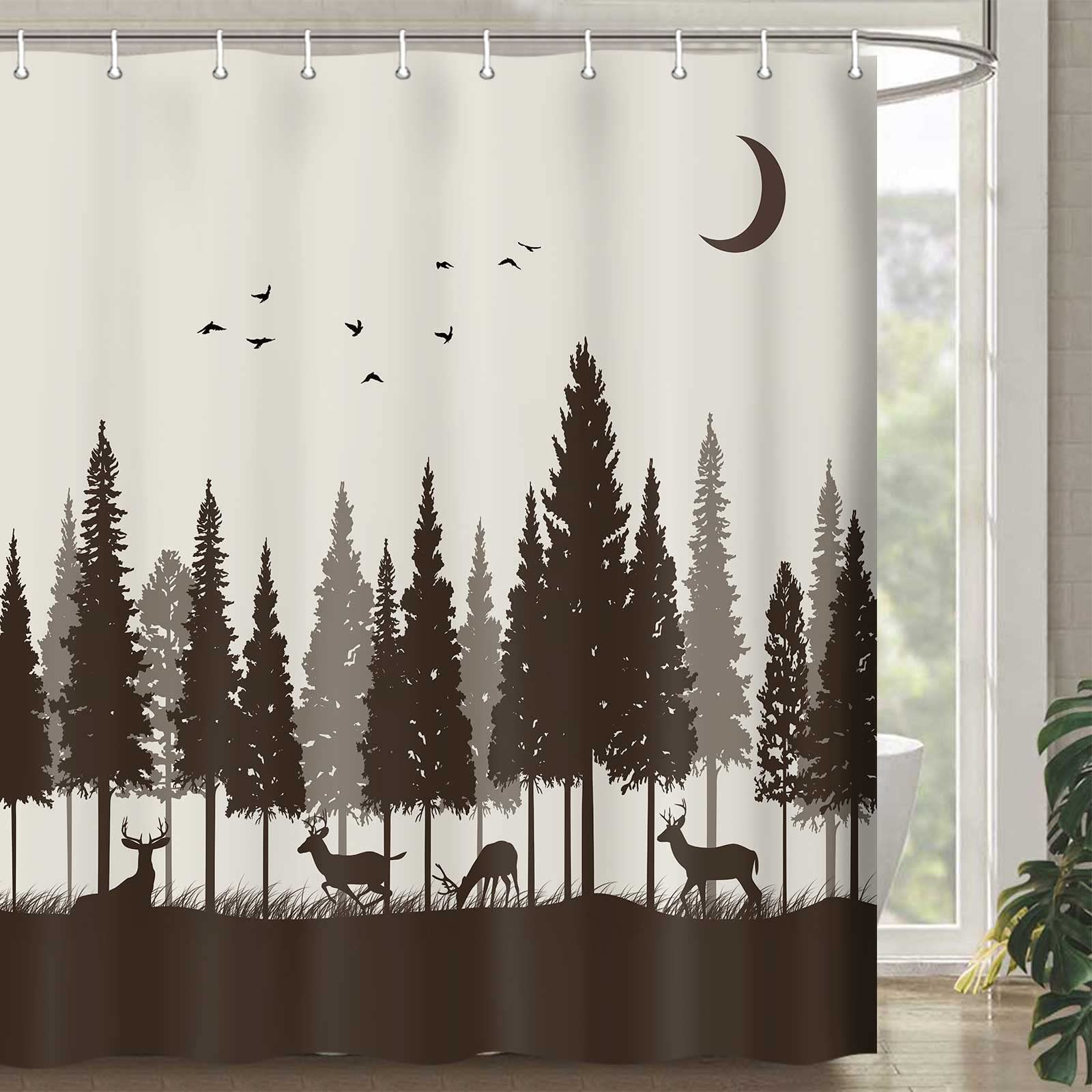 Rustic Deer Forest Shower Curtain Set with Hooks - Brown Woodland Hunting Cabin Lodge Design - 60x70 Inches - Perfect for Bathroom Decor, Cabin Retreat & Nature-Themed Home