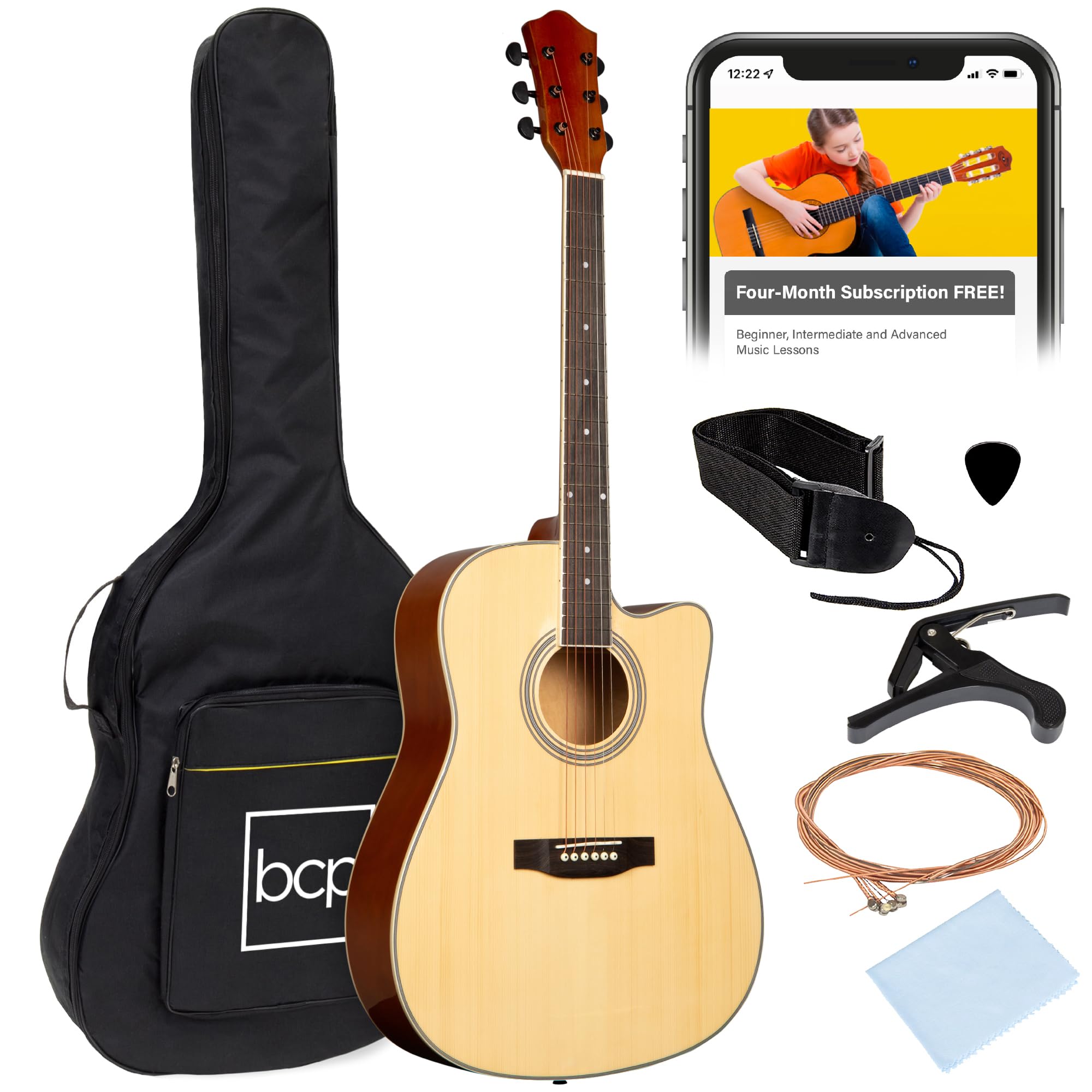 Best Choice Products 41-Inch Full-Size Acoustic Guitar Beginner Kit - All Wood Cutaway Design with Case, Strap, Capo, Strings & Picks - Natural Finish | Perfect for Beginners, Campfires & Home Practice