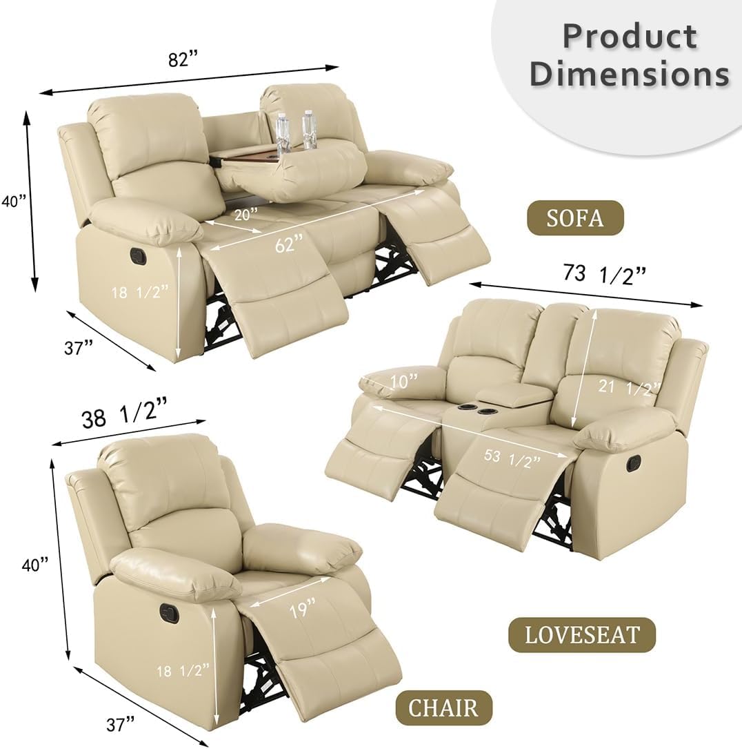 Premium Bonded Leather Reclining Sofa Set - 3-Piece Living Room Furniture with Loveseat (Beige) | Comfortable & Stylish for Home Theater, Family Gatherings & Relaxation